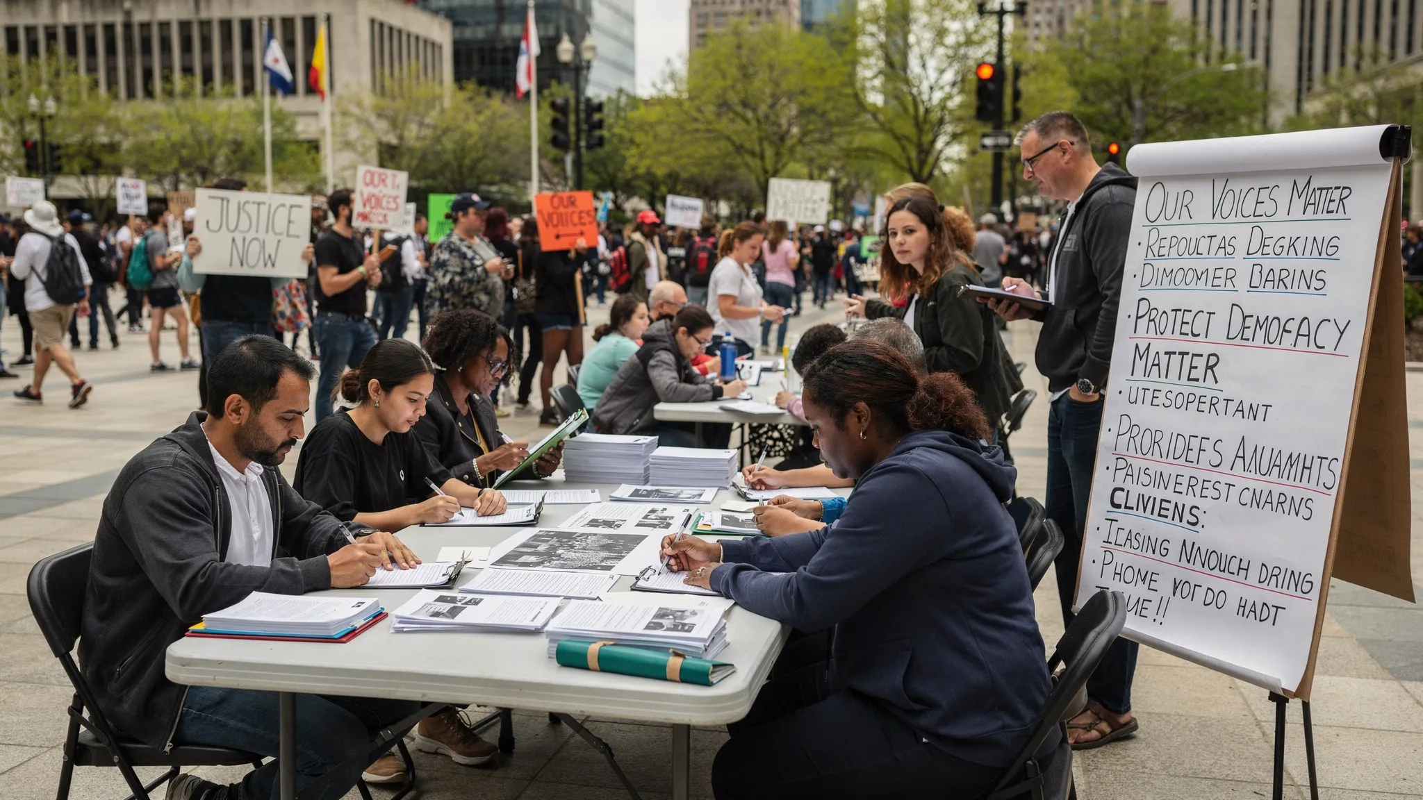 A diverse protest movement gathered in a public square, with some people holding signs while others sit around tables reviewing printed evidence, writing claims, and organizing demands into a shared civic process.