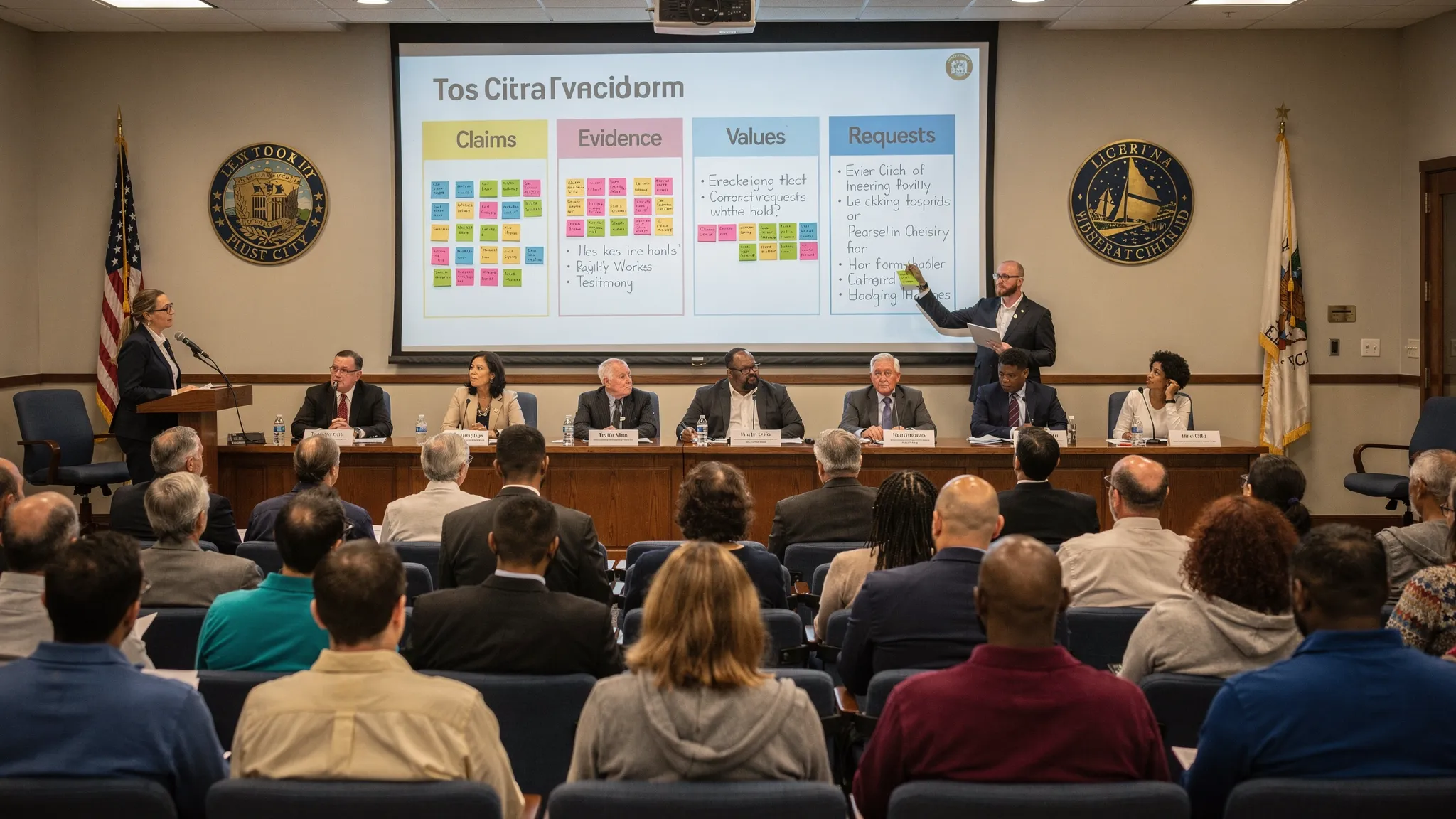 A public hearing room with residents, officials, and a facilitator organizing testimony into visible categories such as claims, evidence, values, and requests.