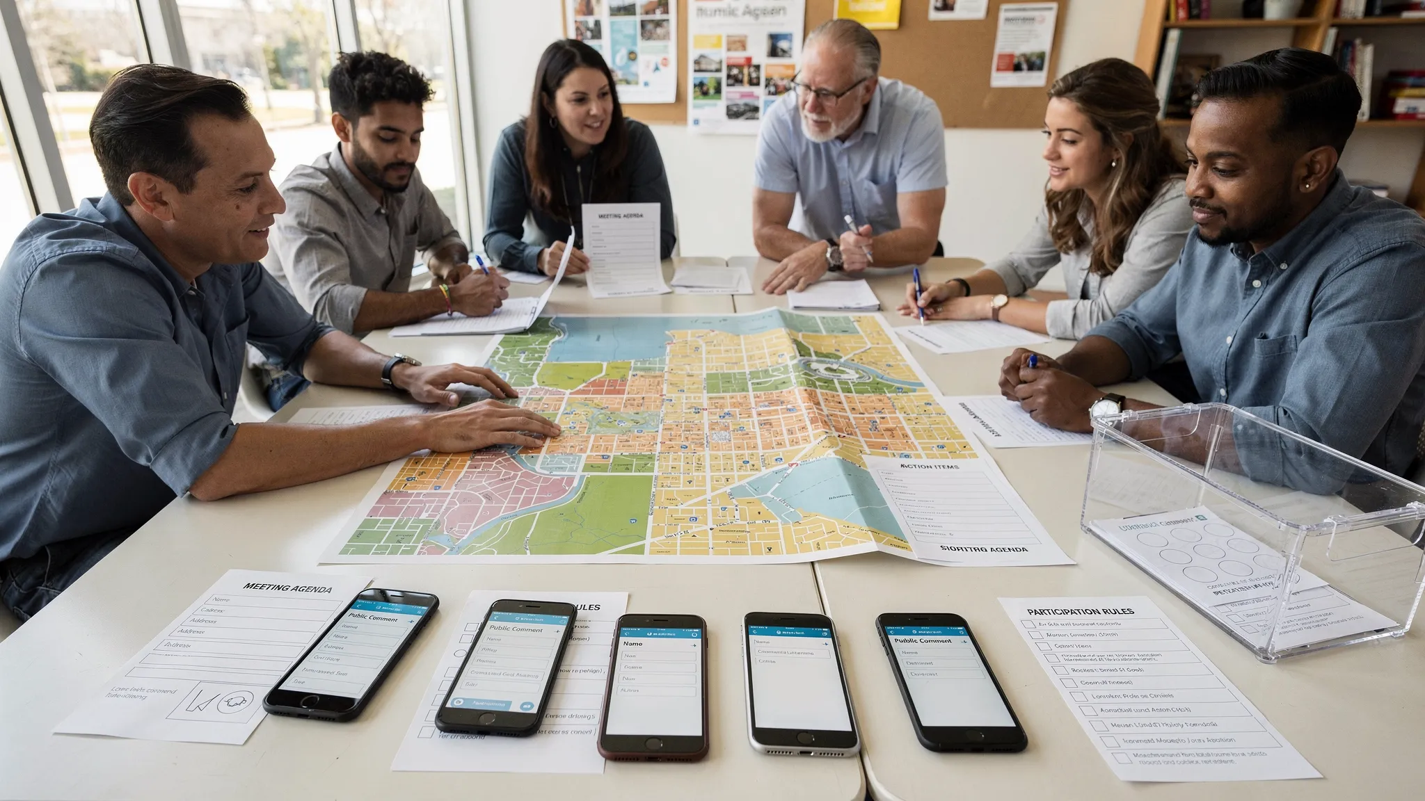 A civic movement planning table with community maps, printed decision notes, phones lying flat with correctly oriented civic forms, transparent ballot materials, and people discussing participation rules together.