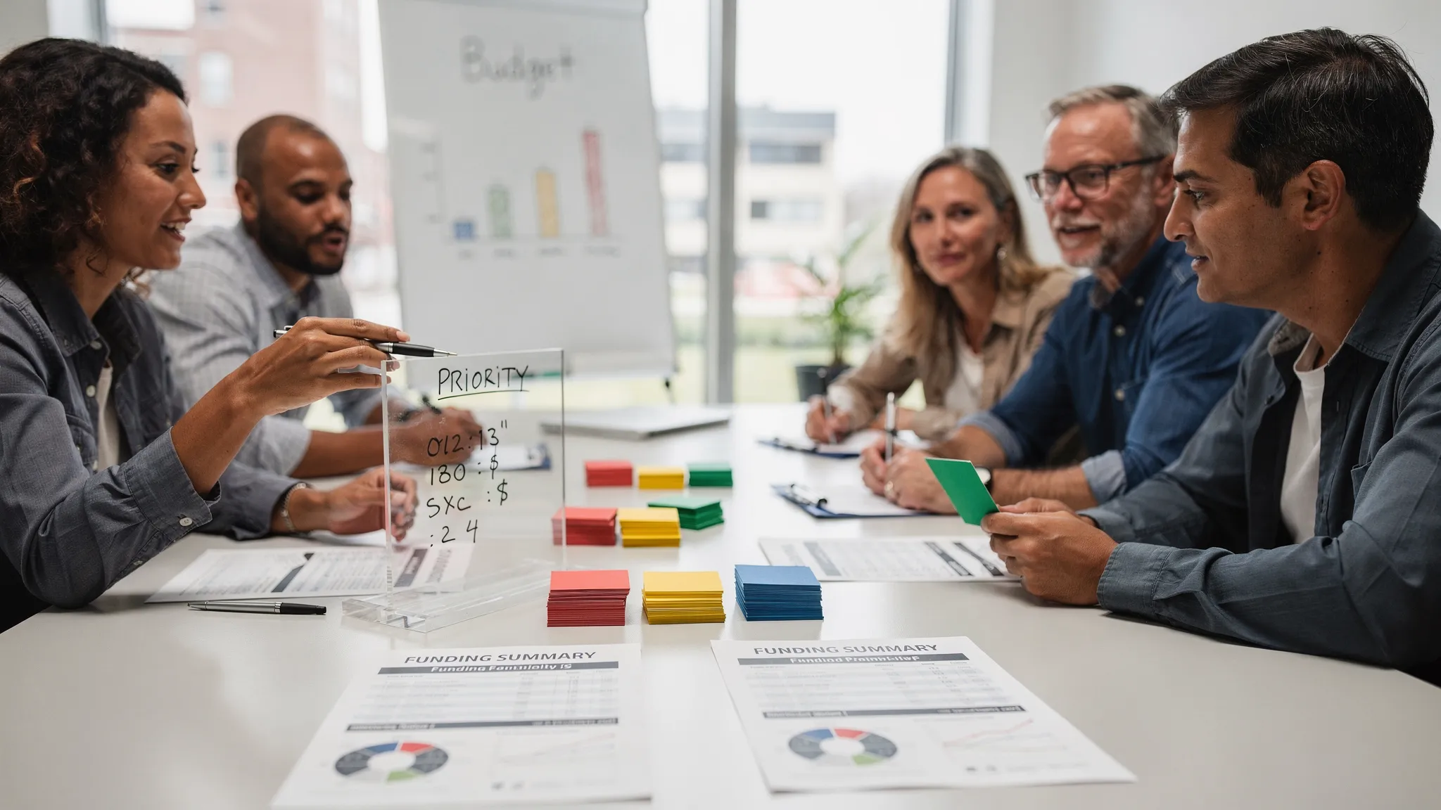 A community budget meeting with printed funding summaries, colored priority cards, and a transparent ledger on a shared table while diverse participants discuss civic priorities.