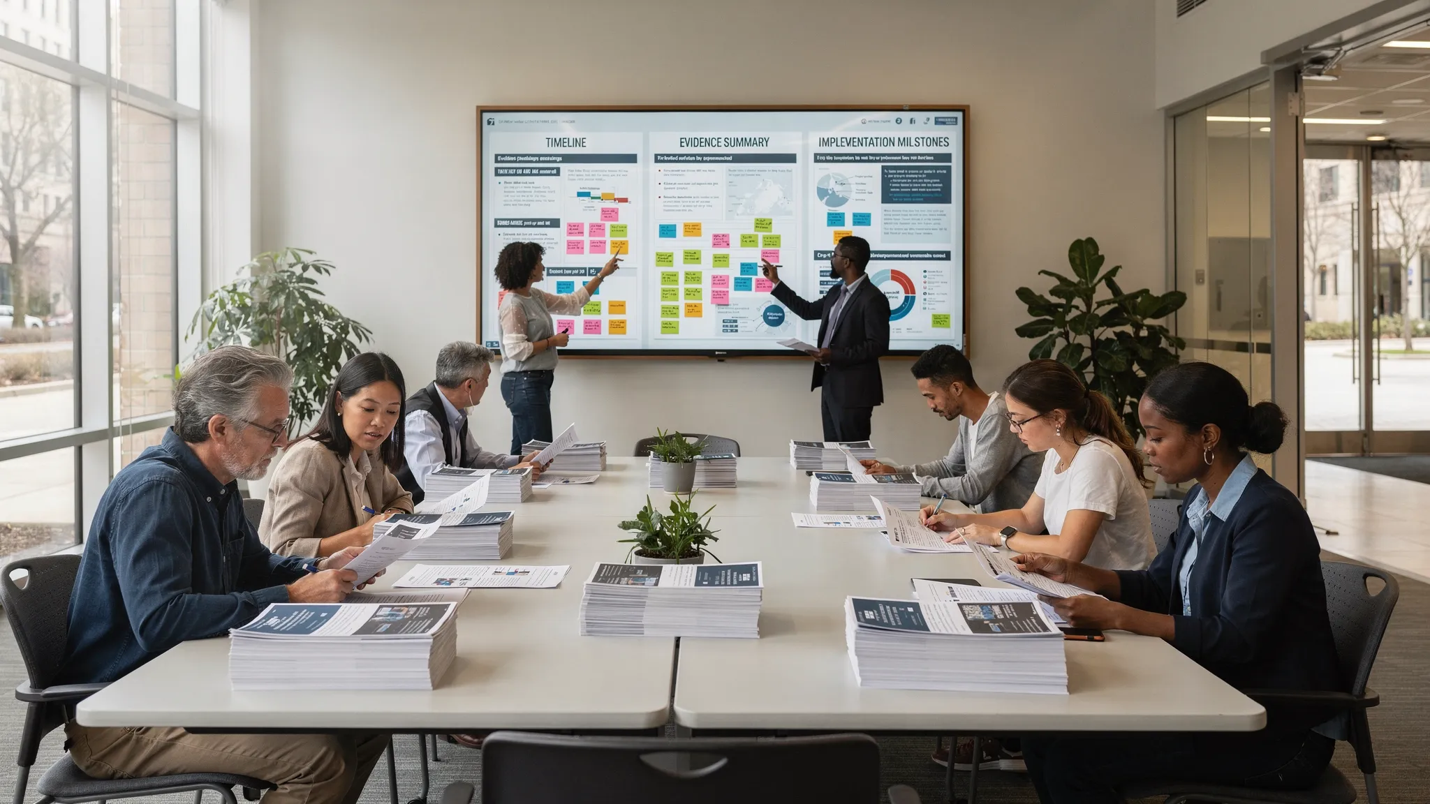 A community room in a modern city hall where residents review printed decision briefs at tables while a public notice board shows timelines, evidence summaries, and implementation milestones.