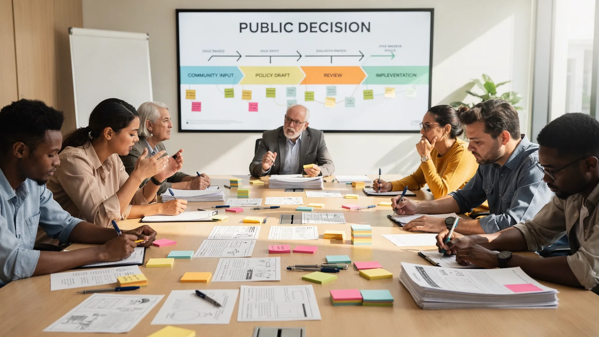 A diverse community group sitting around a shared table with printed issue notes, sticky labels, and a public decision timeline on the wall, showing citizens turning concerns into structured democratic reform work.