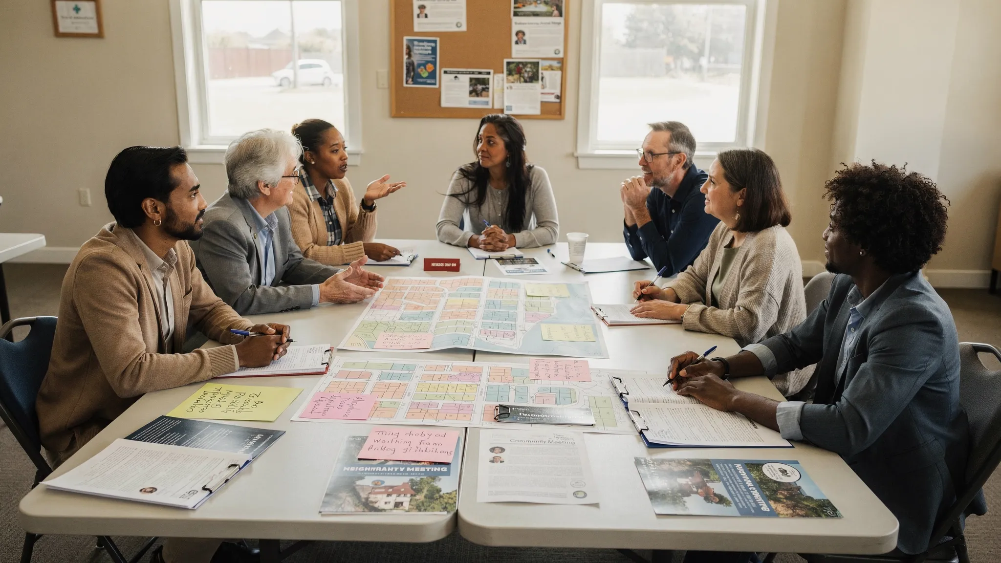 A diverse group of neighbors sitting in a community room around a table with printed notes, maps, and public documents, discussing a local issue calmly and collaboratively.