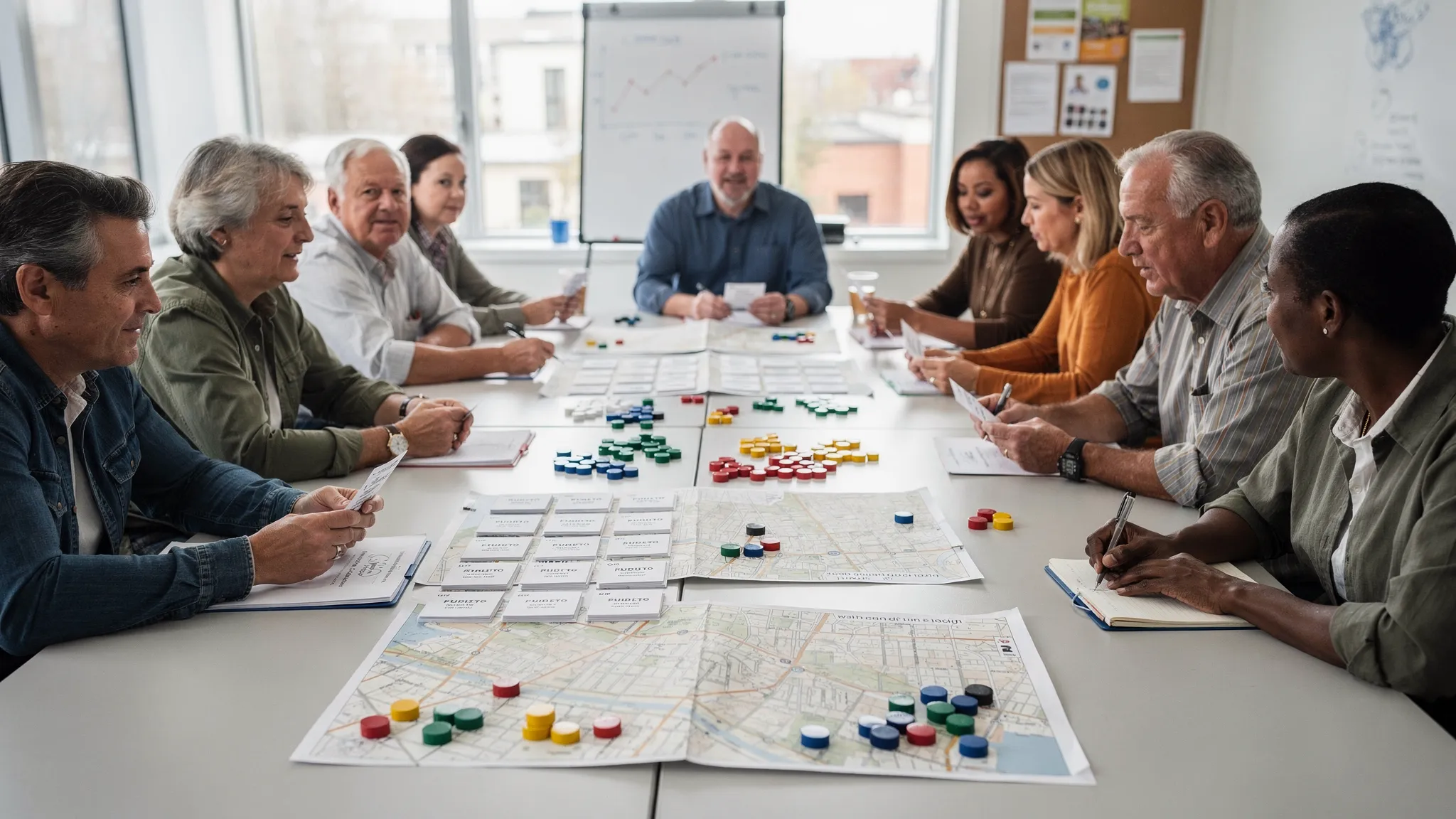 A diverse group of residents seated around a community table reviewing printed budget cards, public service maps, and colored priority markers during a civic deliberation meeting.