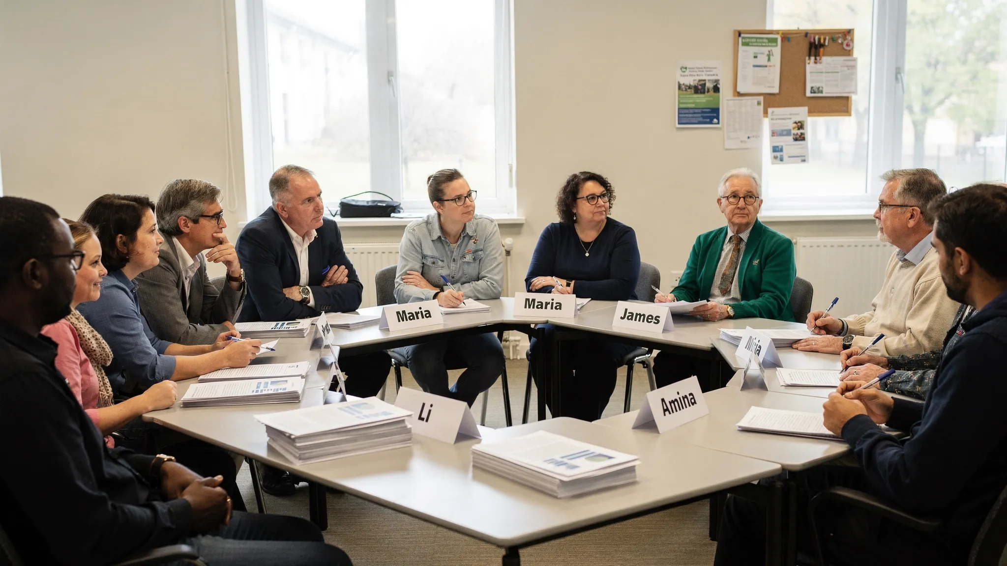 A diverse group of residents seated in a circle in a community hall, listening to one another during a structured civic discussion, with printed evidence packets and name cards on the table.