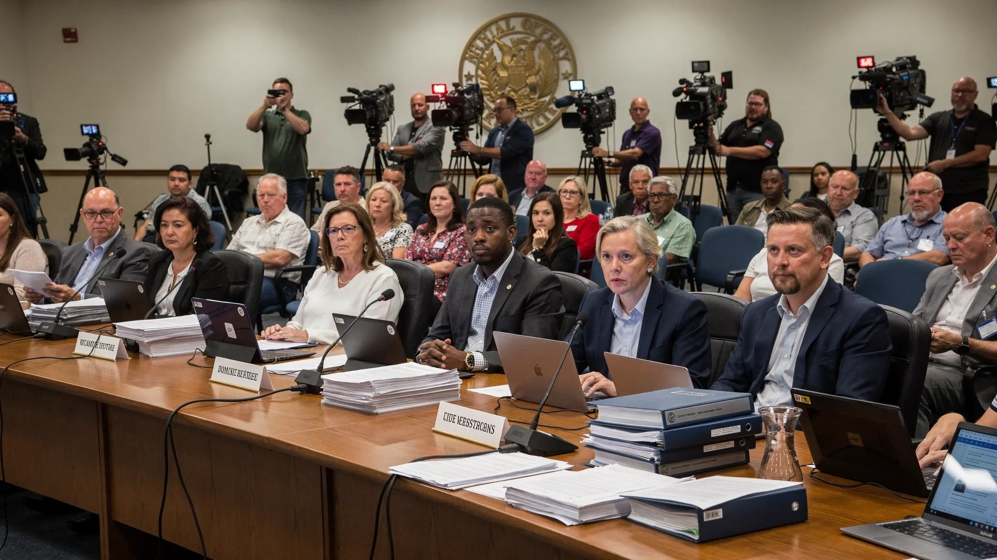 A public committee room with representatives at a long table, citizens seated behind them, cameras recording the session, and visible public documents arranged for review.