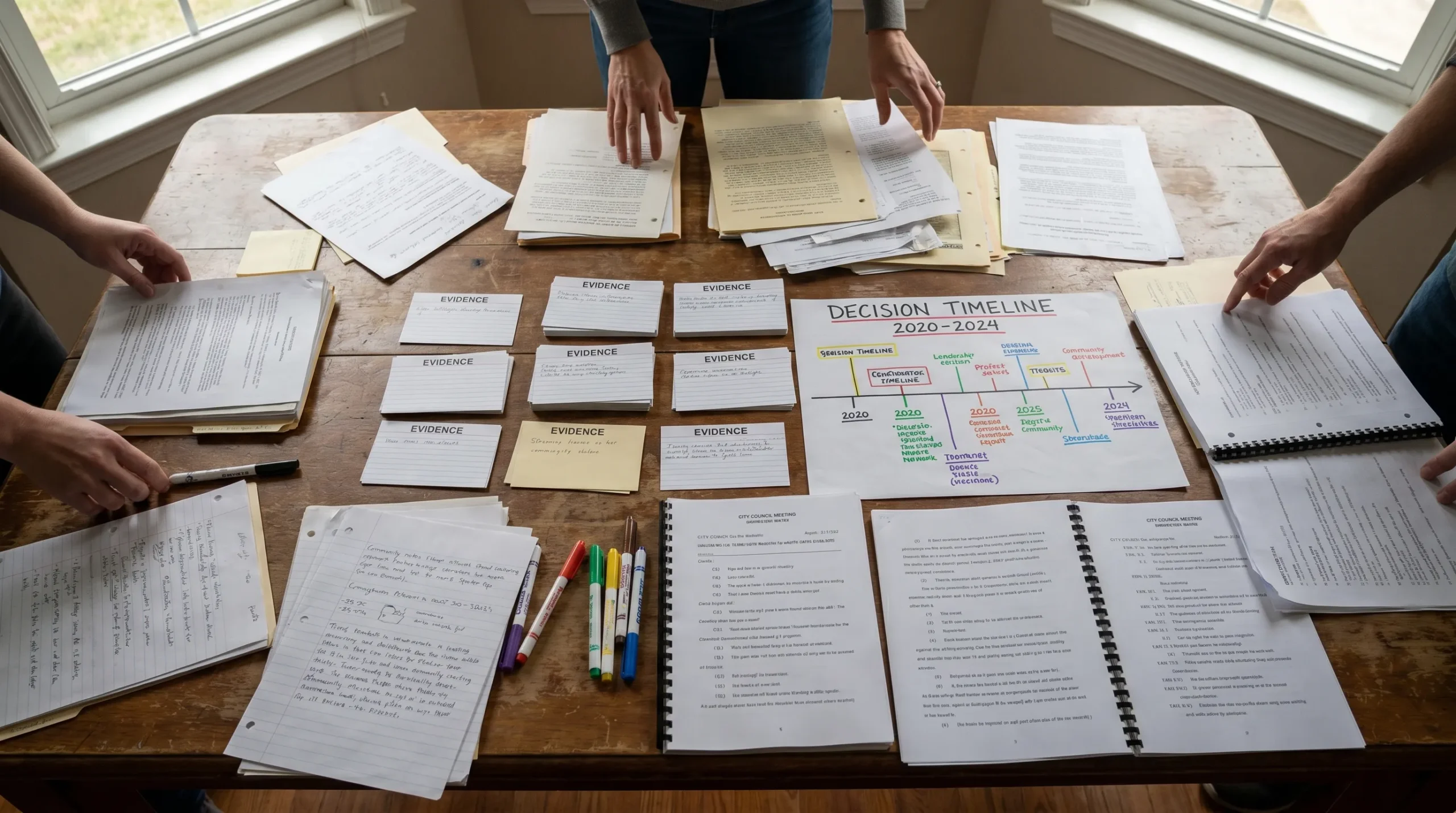 An overhead view of a civic archive table with community notes, evidence cards, meeting transcripts, and decision timelines laid out for citizens to review together.