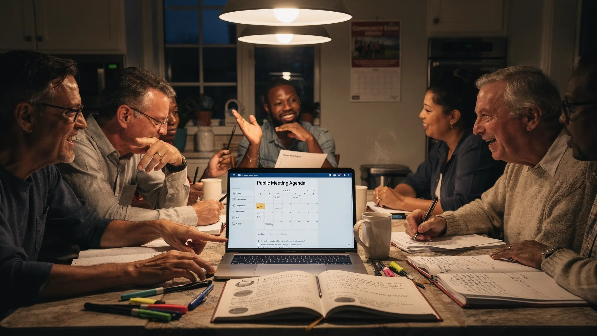 Busy adults sitting around a kitchen table in the evening with notebooks, printed public meeting agendas, a laptop facing the group correctly, and coffee cups, organizing a simple monthly civic participation plan.