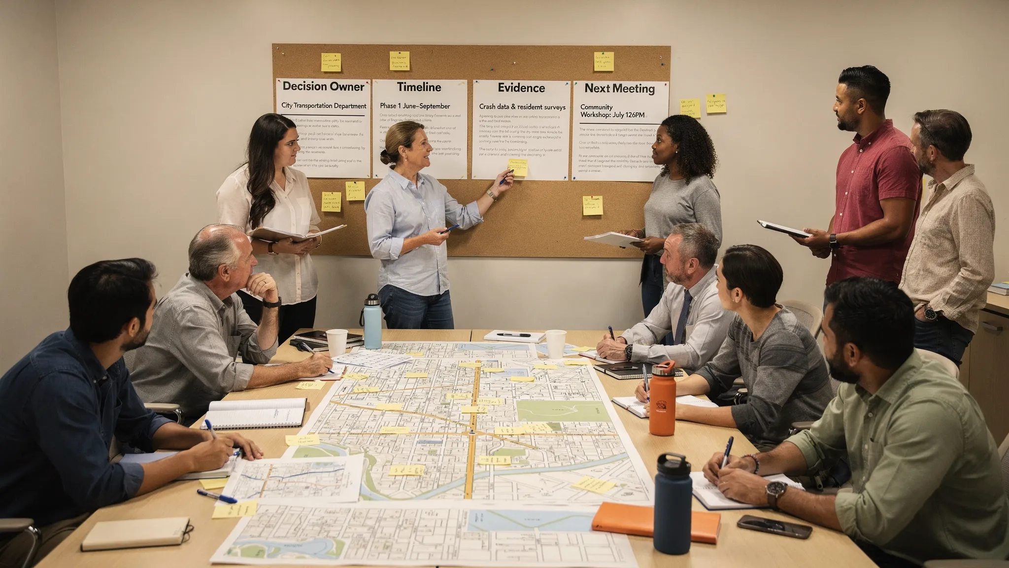 Neighbors gathered around printed maps and notes in a community room, discussing a local street safety reform with a facilitator, while a public notice board lists the decision owner, timeline, evidence, and next meeting.