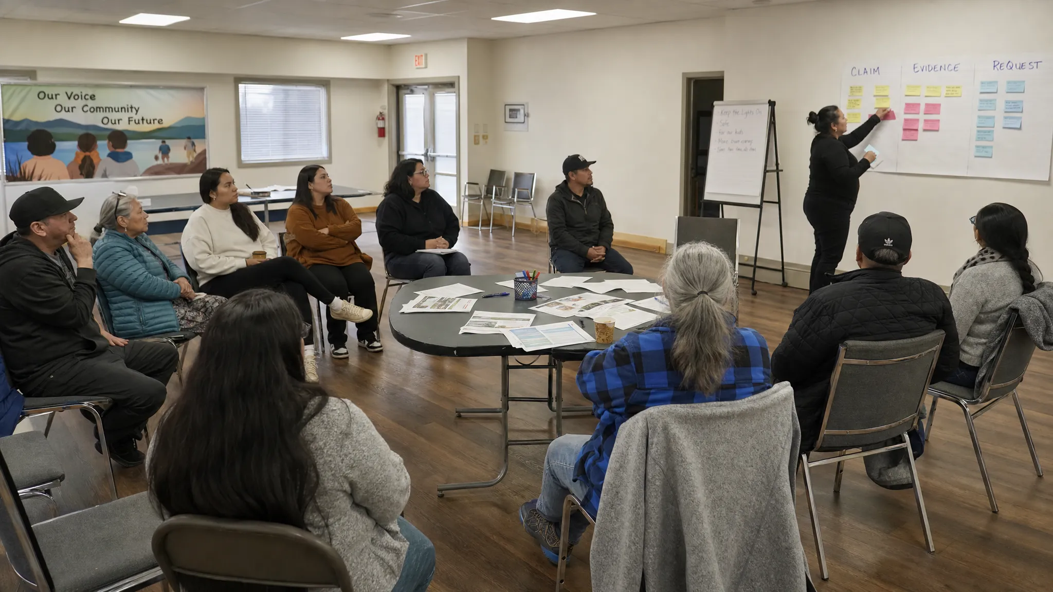 A community hall arranged in a circle with chairs, printed issue papers on a central table, and small groups of adult residents listening to a facilitator while notes are organized on a wall by claim, evidence, and request.