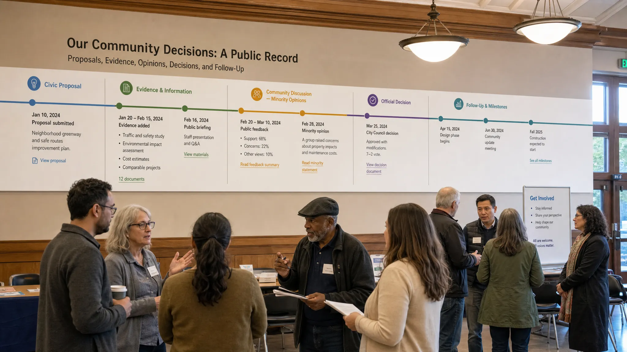 A community hall with a long public timeline on the wall showing civic proposals, evidence notes, minority opinions, official decisions, and follow-up milestones, while citizens discuss the record together.
