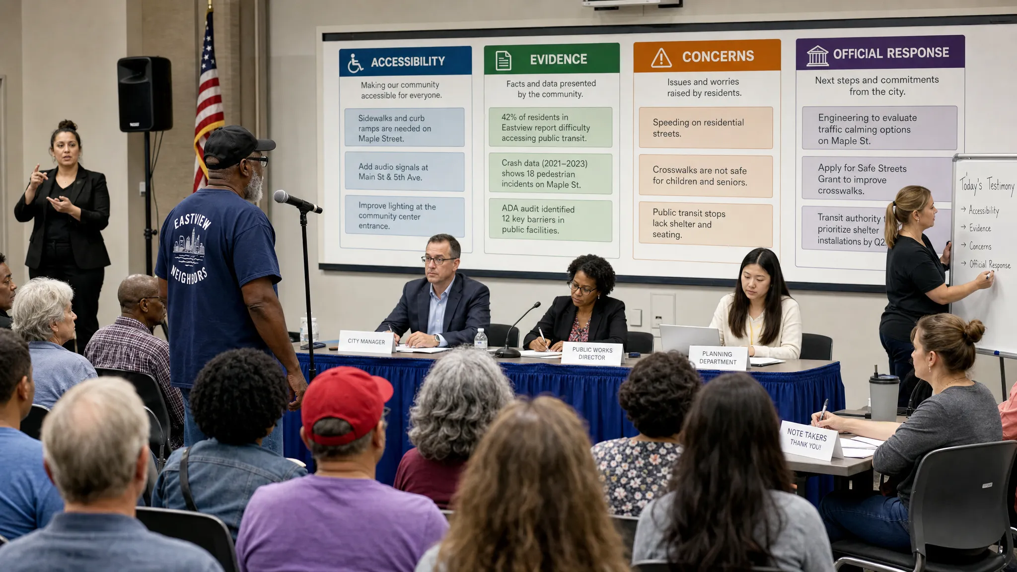 A community public hearing in a civic hall where residents speak at a microphone while officials, note-takers, and interpreters organize testimony into visible categories on wall displays for accessibility, evidence, concerns, and official response.