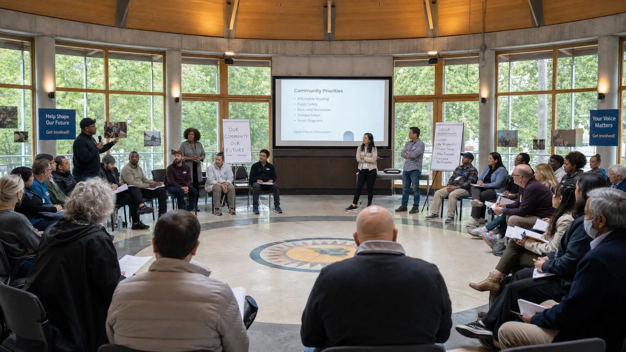 A diverse community assembly seated in a circular public hall, with citizens speaking, listening, taking notes, and reviewing printed proposals together while facilitators guide the discussion.