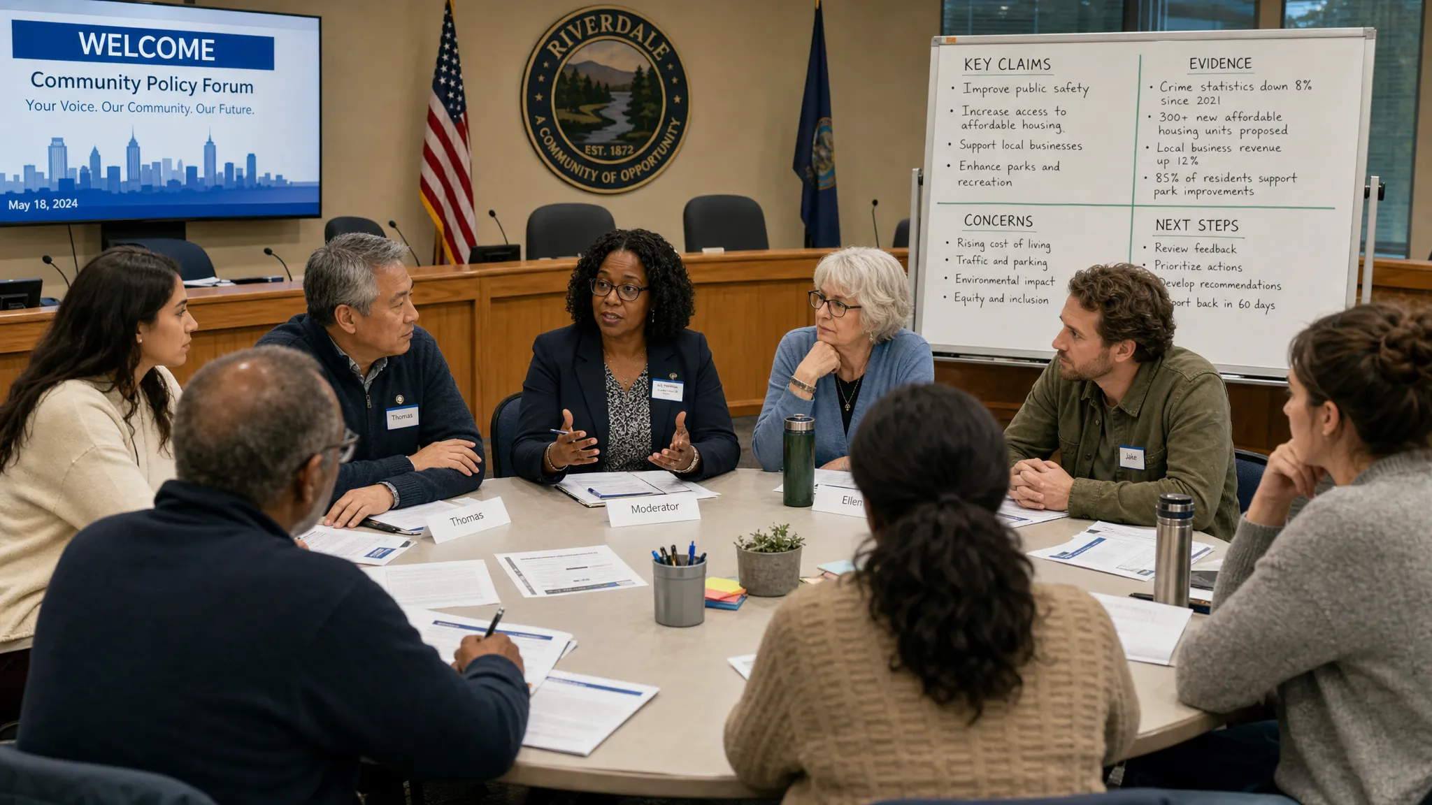 A diverse community forum gathered in a municipal meeting room around a circular discussion table, with citizens reviewing printed policy notes, a moderator guiding the conversation, and a visible board showing key claims, evidence, concerns, and next steps.