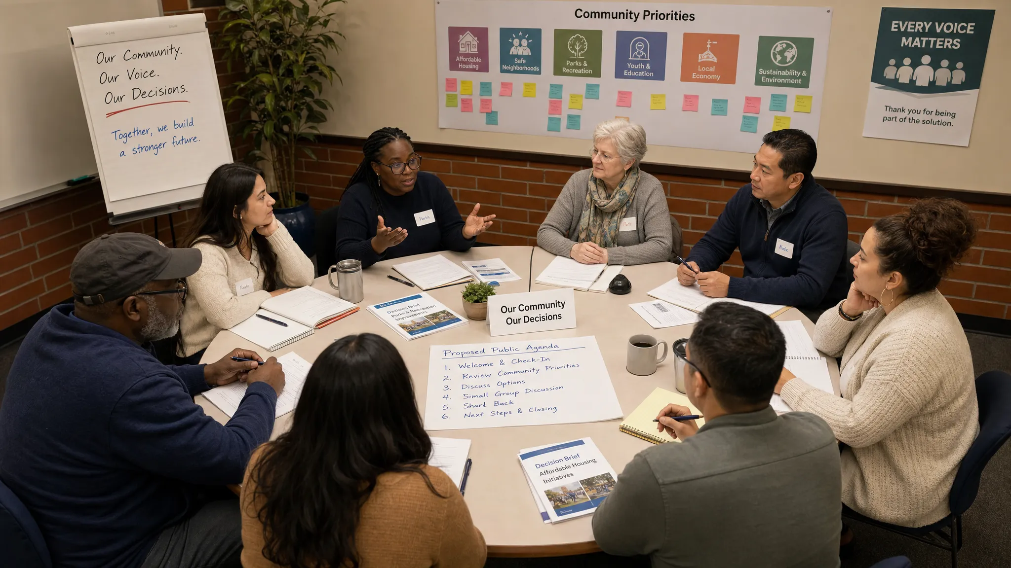 A diverse community group gathers around a circular table with notebooks, printed decision briefs, and a shared public agenda on the wall, shown from a slightly higher angle so the full meeting setup is visible in a calm and structured civic discussion.