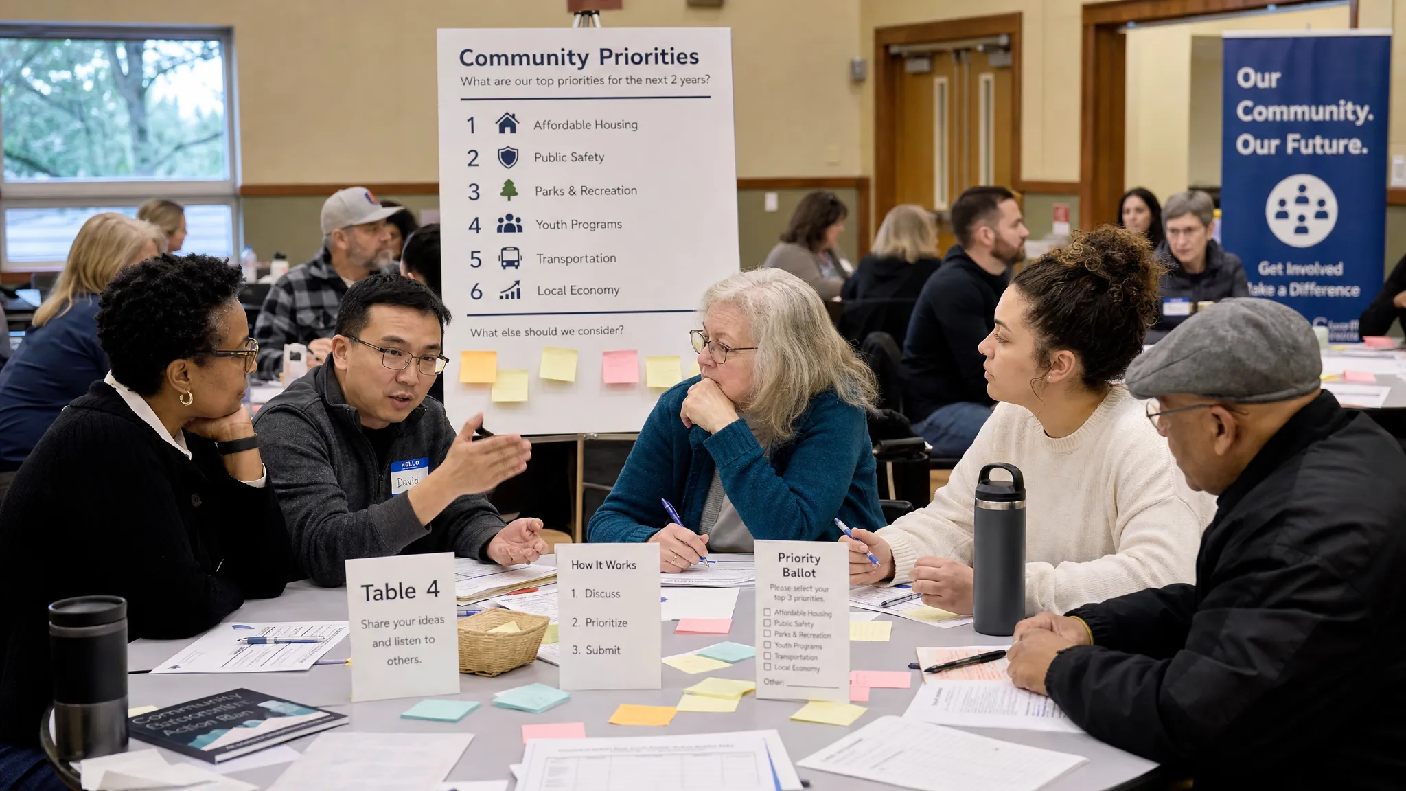 A diverse group of adult citizens standing and seated around a shared table in a community hall, discussing public priorities with notes, ballots, and a visible agenda board behind them.