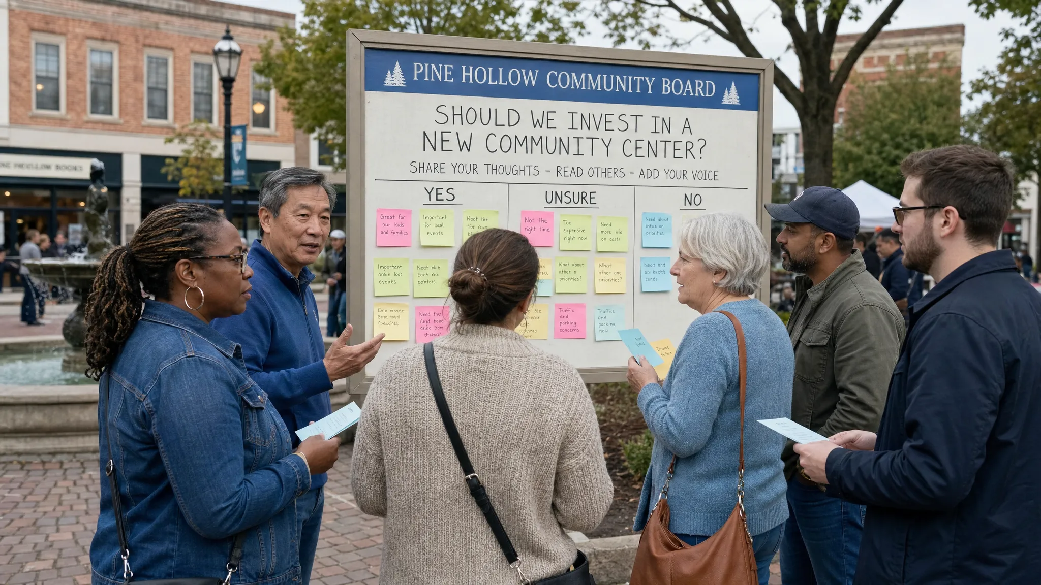 A diverse group of adult residents gathered around a public notice board in a town square, with some holding printed issue notes and others comparing positions on a local decision. The scene shows organized civic conversation connected to community life and public reasoning.