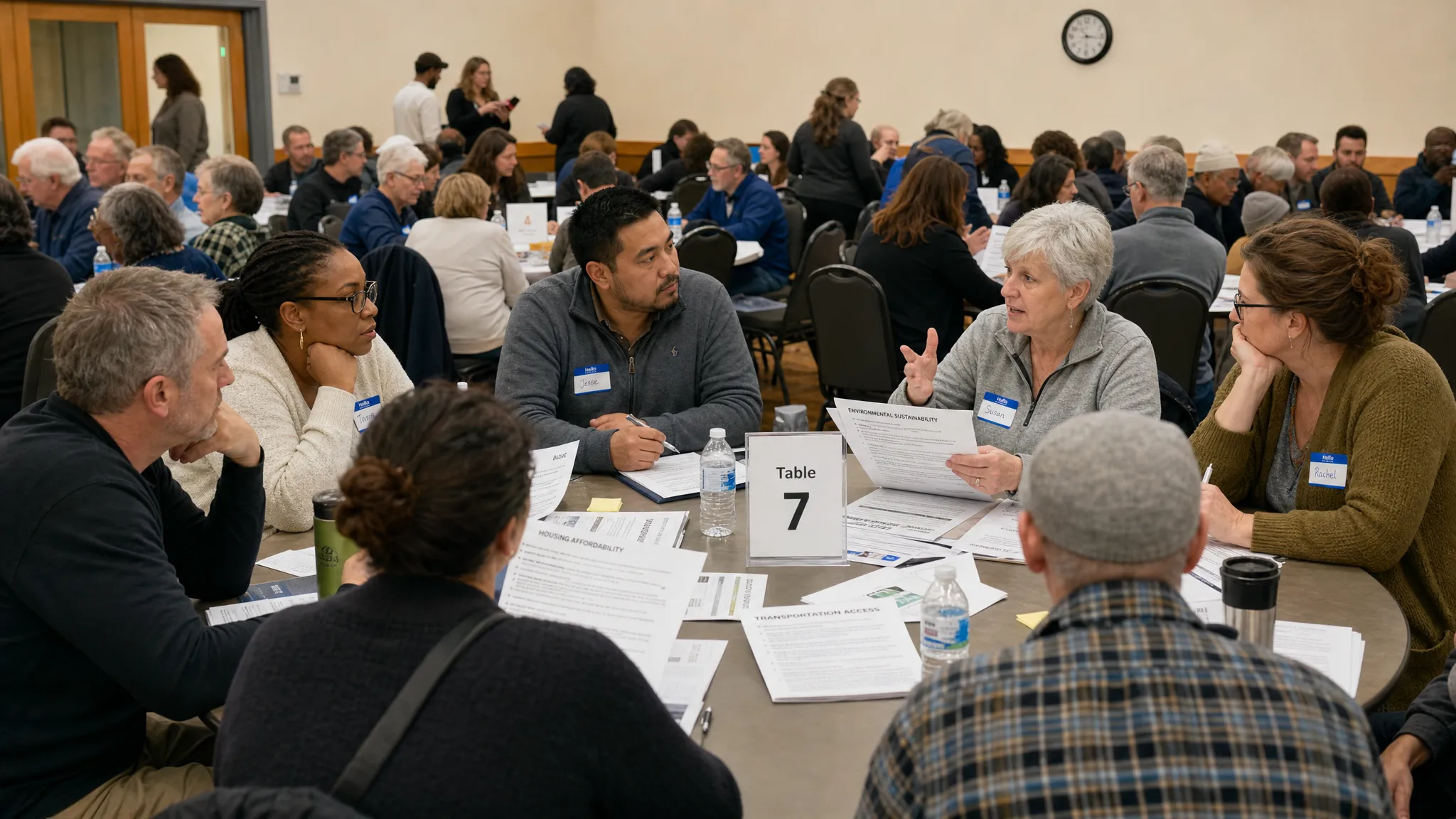 A diverse group of adult residents gathered in a community hall around shared tables, reviewing printed policy proposals and speaking with facilitators during a civic assembly, with a circular seating arrangement and a wall clock visible in the background.