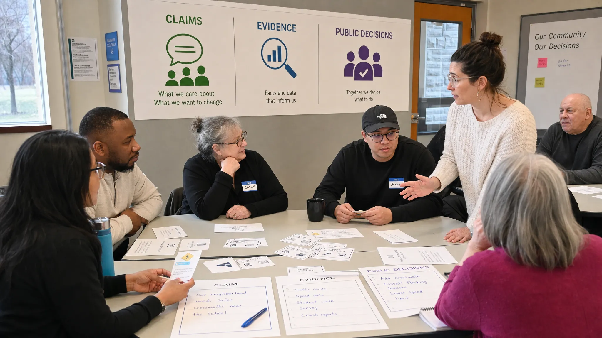 A diverse group of adult residents gathers around a community table with paper evidence cards and annotated claim sheets, while a wall display facing the room shows simple icons for claims, evidence, and public decisions.