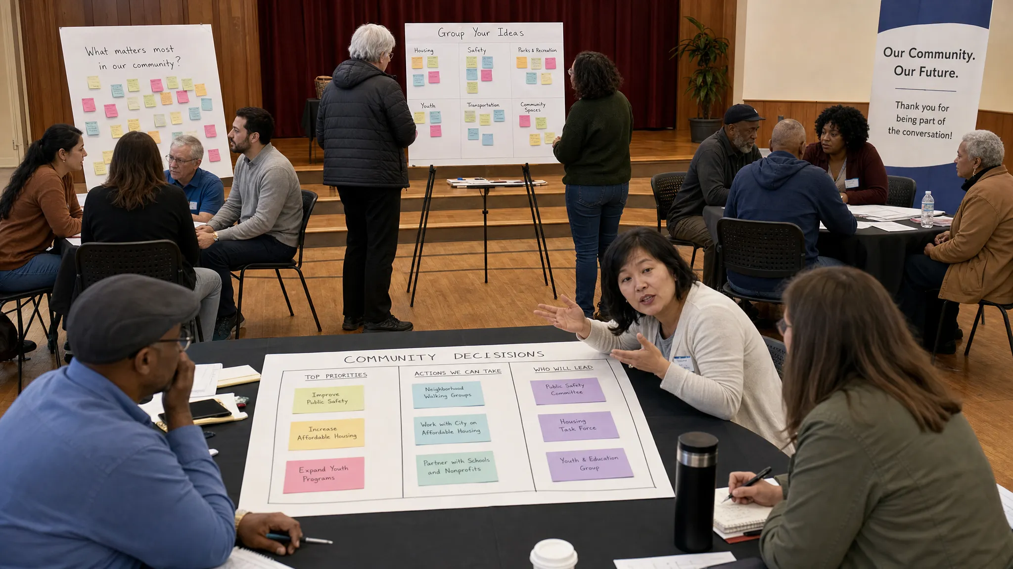 A diverse group of adult residents in a community hall, with small discussion circles around shared boards, notes being grouped into themes, and a central table used to organize public decisions.