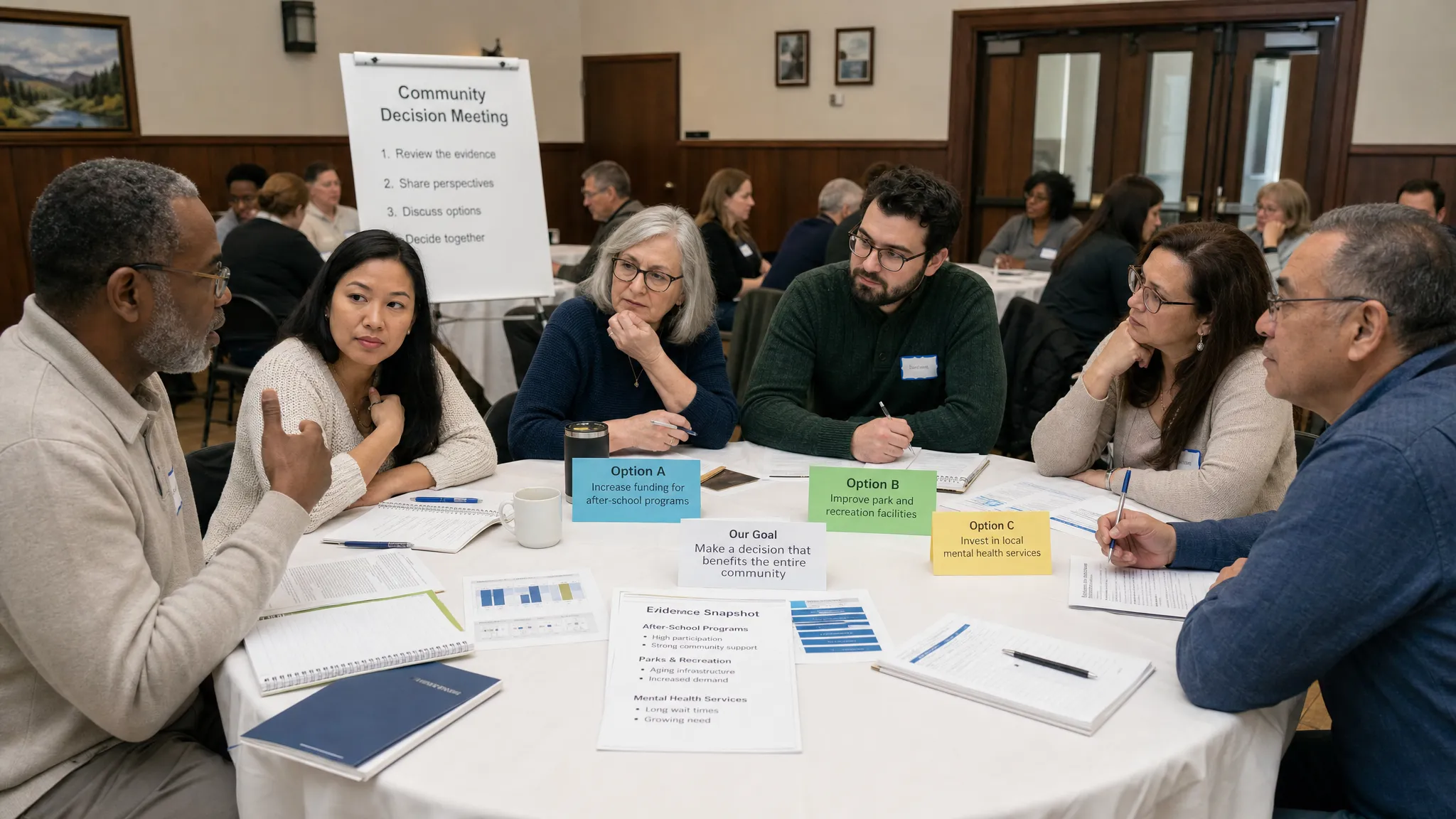 A diverse group of adult residents in a community hall, gathered around a large round table with notebooks, printed evidence sheets, and discussion cards, comparing ideas before reaching a public decision.