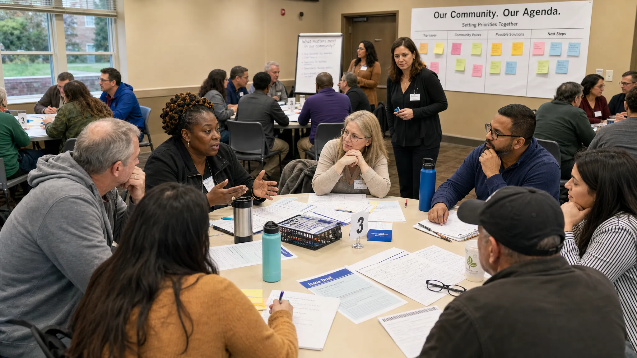 A diverse group of adult residents sit in a community hall around circular tables with printed issue briefs, handwritten notes, and a shared public agenda on the wall while facilitators help the room deliberate.