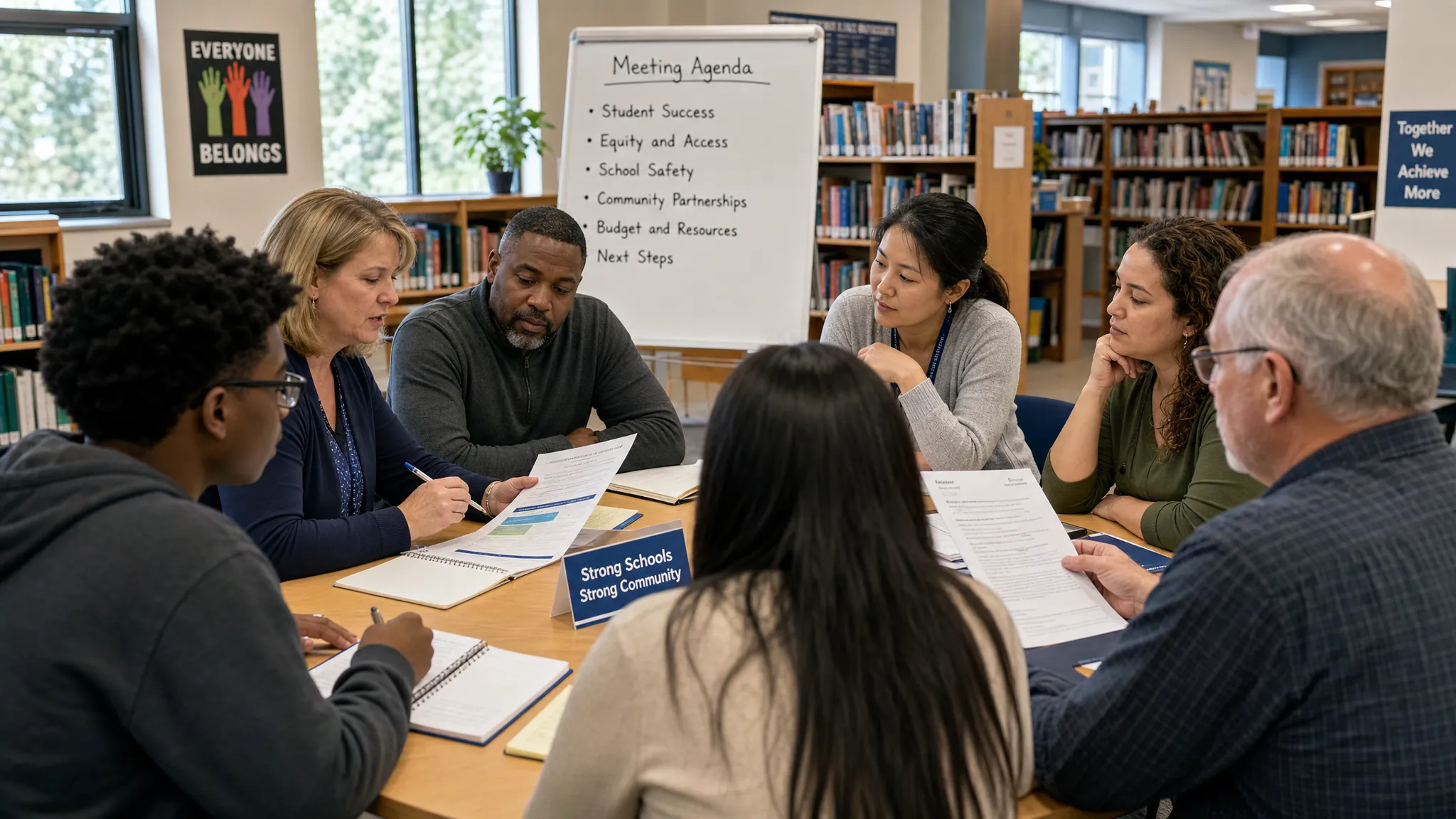 A diverse group of students, parents, teachers, and community members stand around a table in a school library reviewing education policy documents, with notebooks, printed materials, and a whiteboard showing simple agenda topics.
