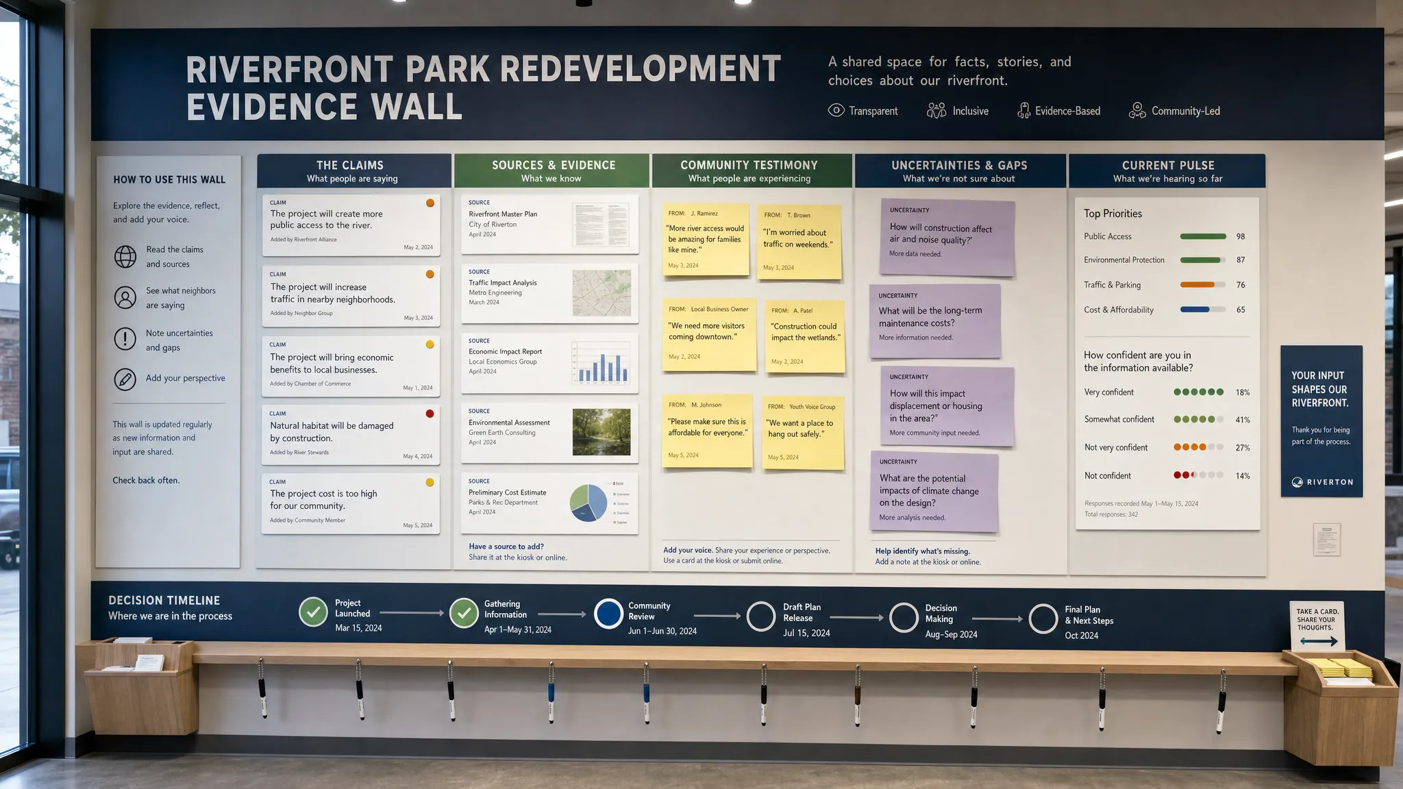 A large public evidence wall with claim cards, source notes, community testimony, uncertainty markers, and a decision timeline for a local civic issue, viewed straight on in a conceptual indoor space.