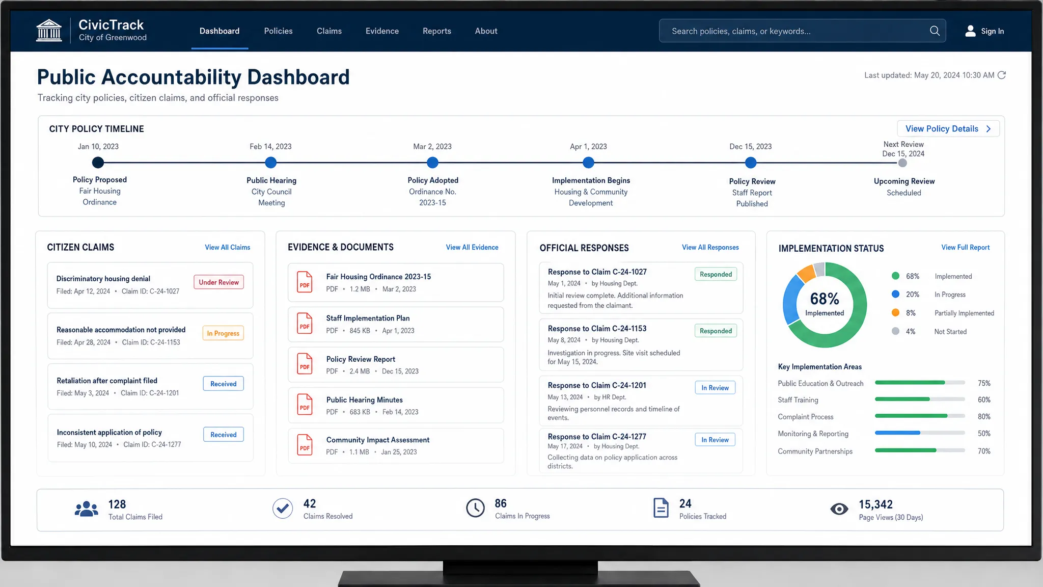 A public accountability dashboard on a screen facing the camera, showing a city policy timeline, citizen claims, evidence links, official responses, and implementation status in clearly separated sections.