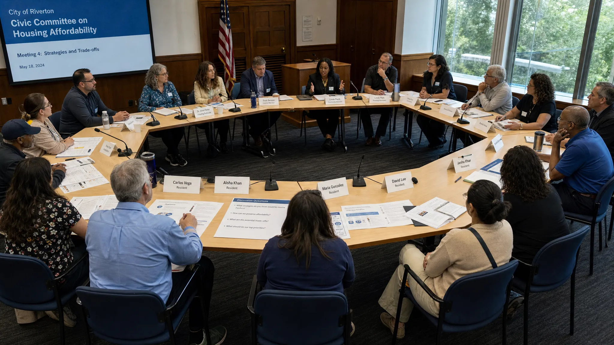 A public committee room arranged for deliberative democracy, with citizens, experts, and elected members seated around connected tables reviewing printed policy materials and speaking in small groups. The view is slightly overhead, showing the table layout, note sheets, and microphones clearly, with the discussion focused on one committee topic.