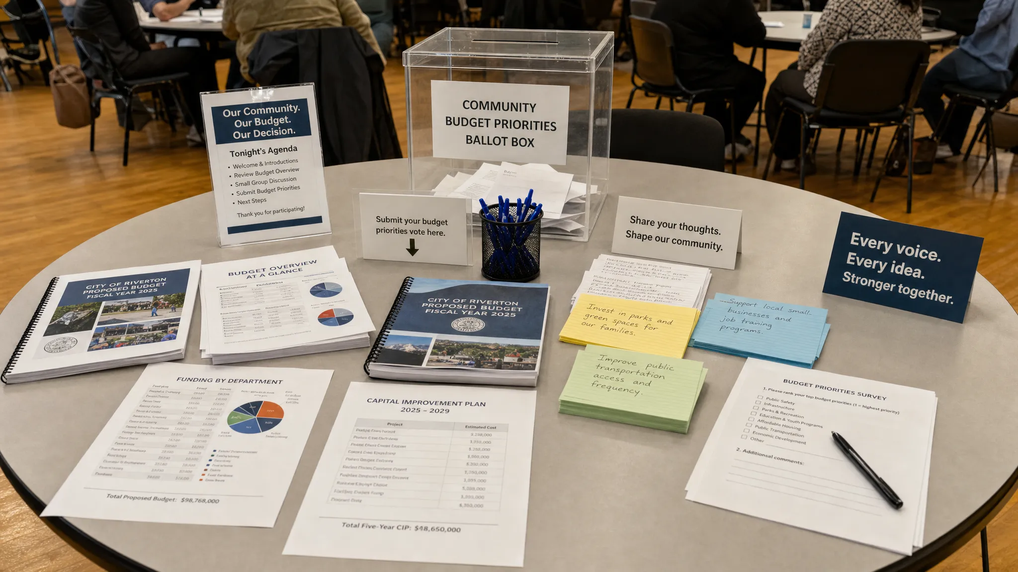 A round community table with printed public reports, handwritten citizen testimony cards, budget documents, and a transparent ballot box in a public hall, showing civic evidence being organized for collective deliberation.