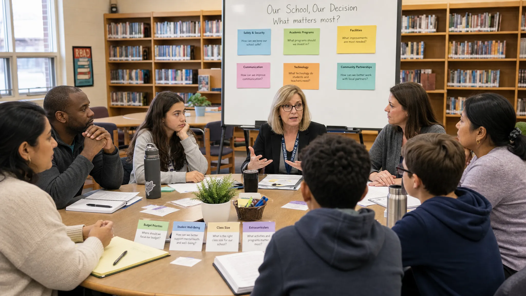 A school community meeting in a library with students, parents, teachers, and a principal seated in a circle around tables, reviewing printed issue cards and notes on a shared board while discussing a local school decision.