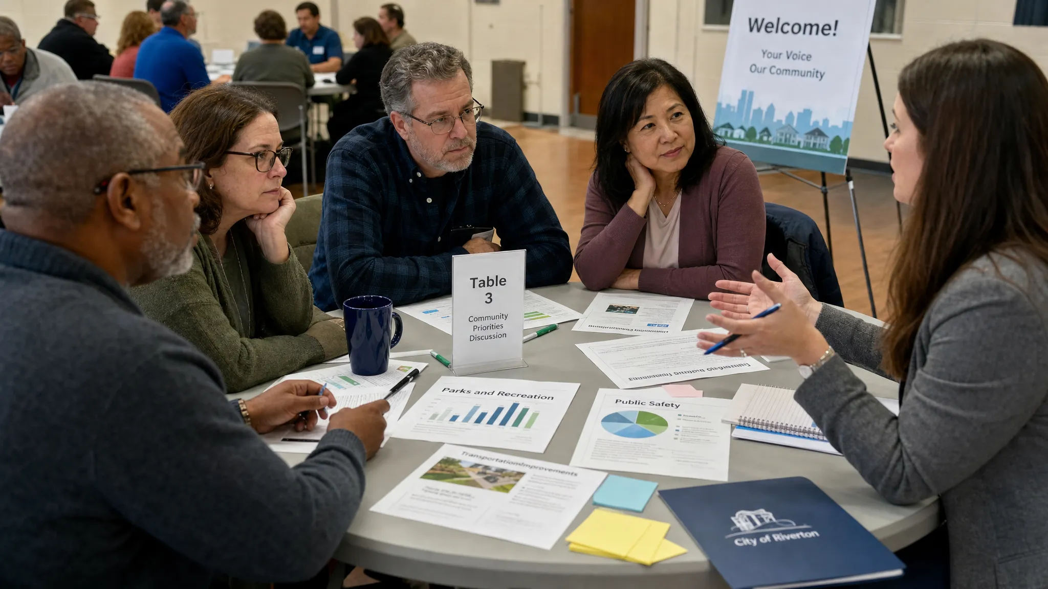 A small group of adult citizens standing around a round table in a community hall, looking over printed public policy materials while a facilitator guides the discussion from one side. The scene conveys respectful civic participation, shared evidence, and collaborative decision-making.