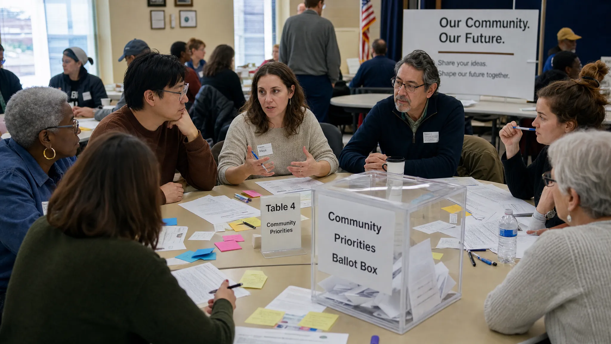 Adult citizens gathered around a shared table in a community hall with ballots, public documents, sticky notes, and a transparent ballot box, representing civic participation and deliberative democracy.