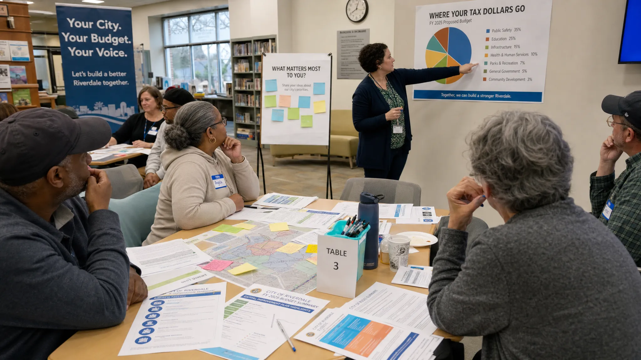 Residents gather around tables covered with printed city budget summaries, sticky notes, neighborhood maps, and pens in a public library meeting room while a facilitator points to a wall chart of spending categories.