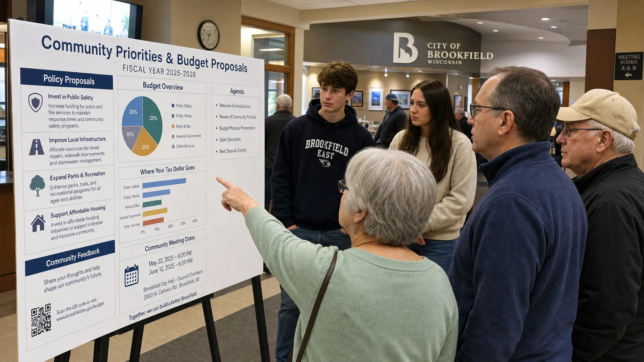 Residents of different ages gather around a standing community board with printed policy proposals, budget charts, and agenda notes in a compact municipal lobby setting.