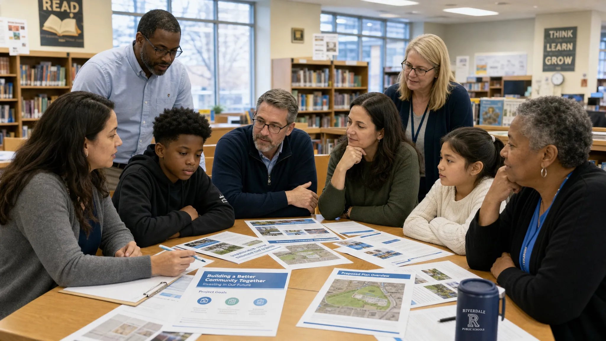 Students, parents, teachers, and community volunteers gathered around a table in a school library, reviewing printed civic materials and discussing a local public decision together.