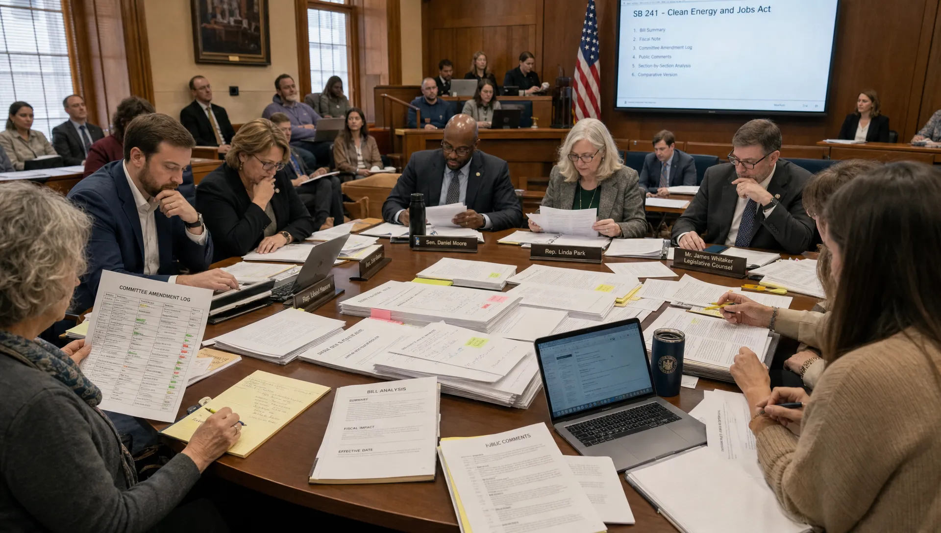 A civic lawmaking room where adult citizens, lawmakers, and researchers review bill drafts, evidence notes, public comments, and amendment records spread across a large shared table. The scene emphasizes open documents, visible reasoning, and collaborative public decision-making.