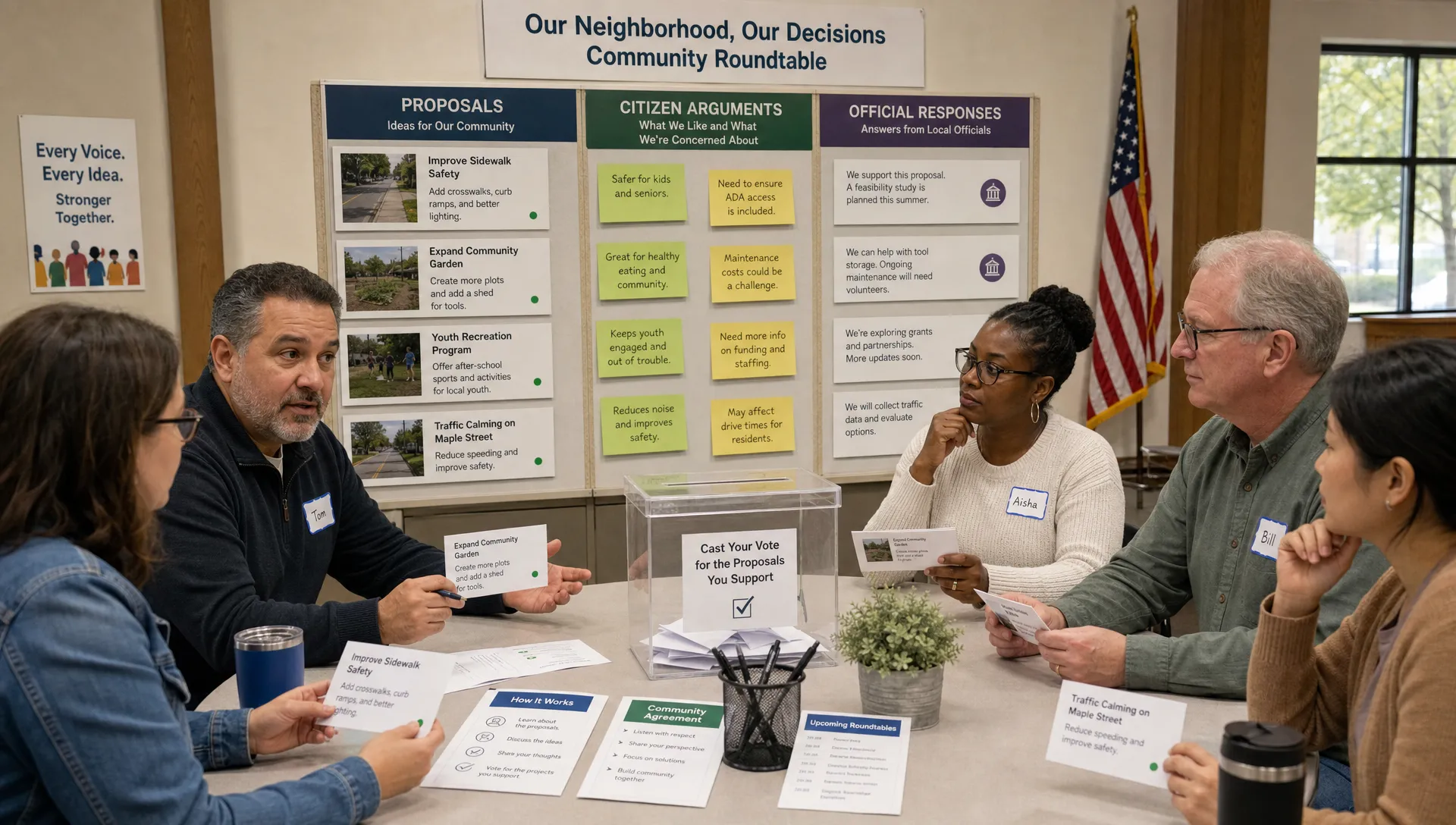 A community roundtable with adult residents discussing printed public issue cards, a transparent ballot box, and a notice board showing proposals, citizen arguments, and official responses in a neighborhood hall.