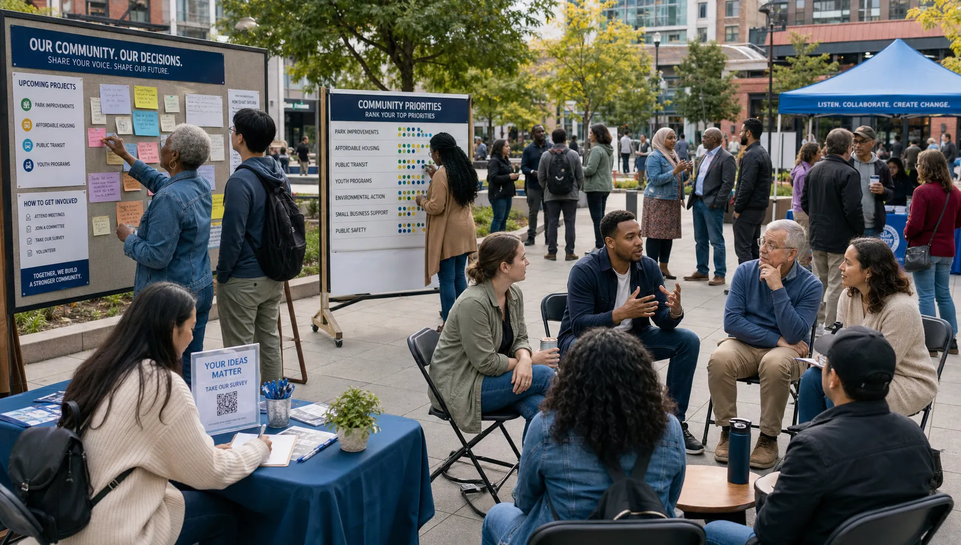 A diverse civic square where adult community members gather around public notices, discussion circles, and transparent decision boards, showing many voices connected into one shared democratic conversation.