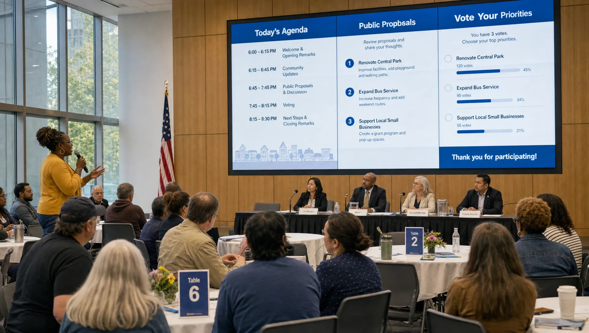 A diverse community forum in a public hall with citizens speaking at round tables, local officials listening, and a large wall display facing the room that shows agenda items, public proposals, and voting options.