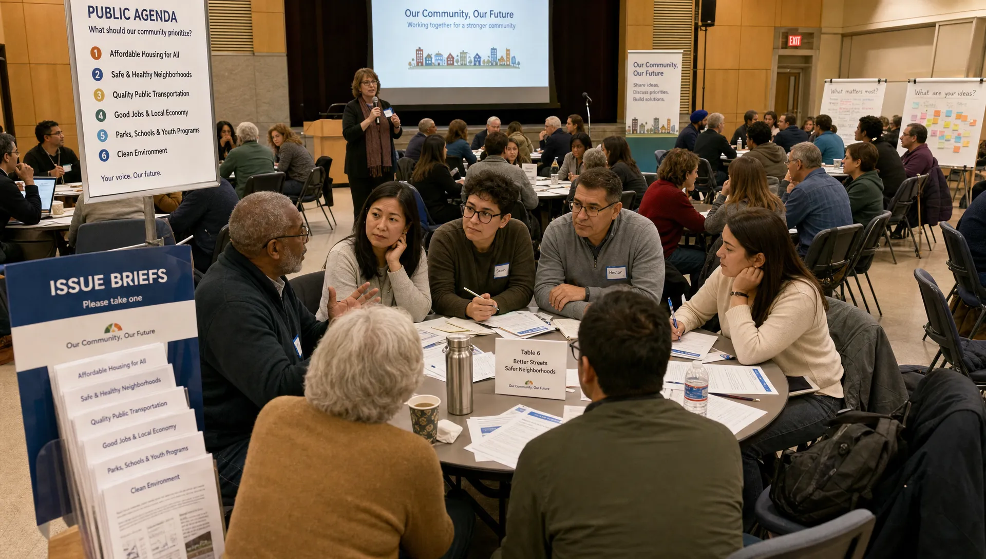 A diverse community gathering in a public hall with circular seating, printed issue briefs on tables, a visible public agenda board, and small groups discussing local policy questions together.