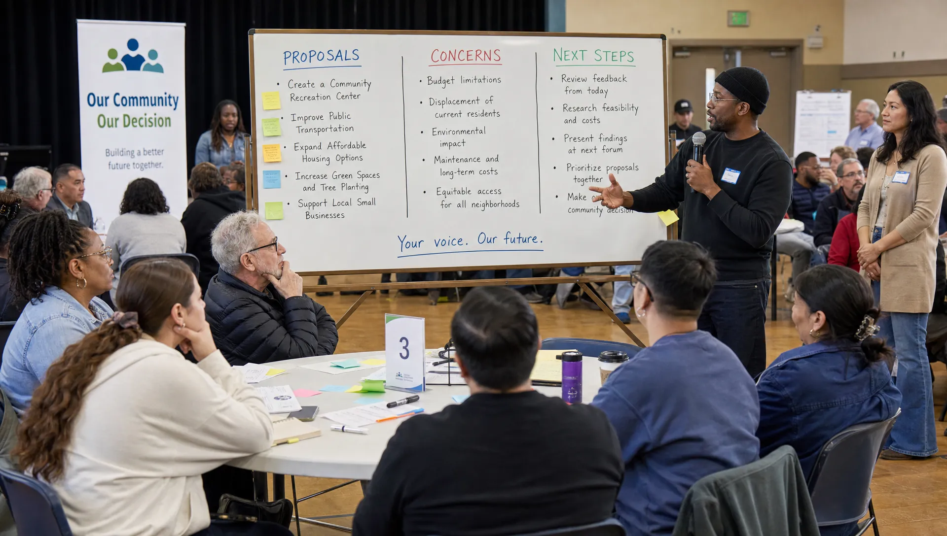 A diverse community gathers in a public civic forum with small discussion tables, handwritten notes, and a central board showing proposals, concerns, and next steps for a local democratic decision.