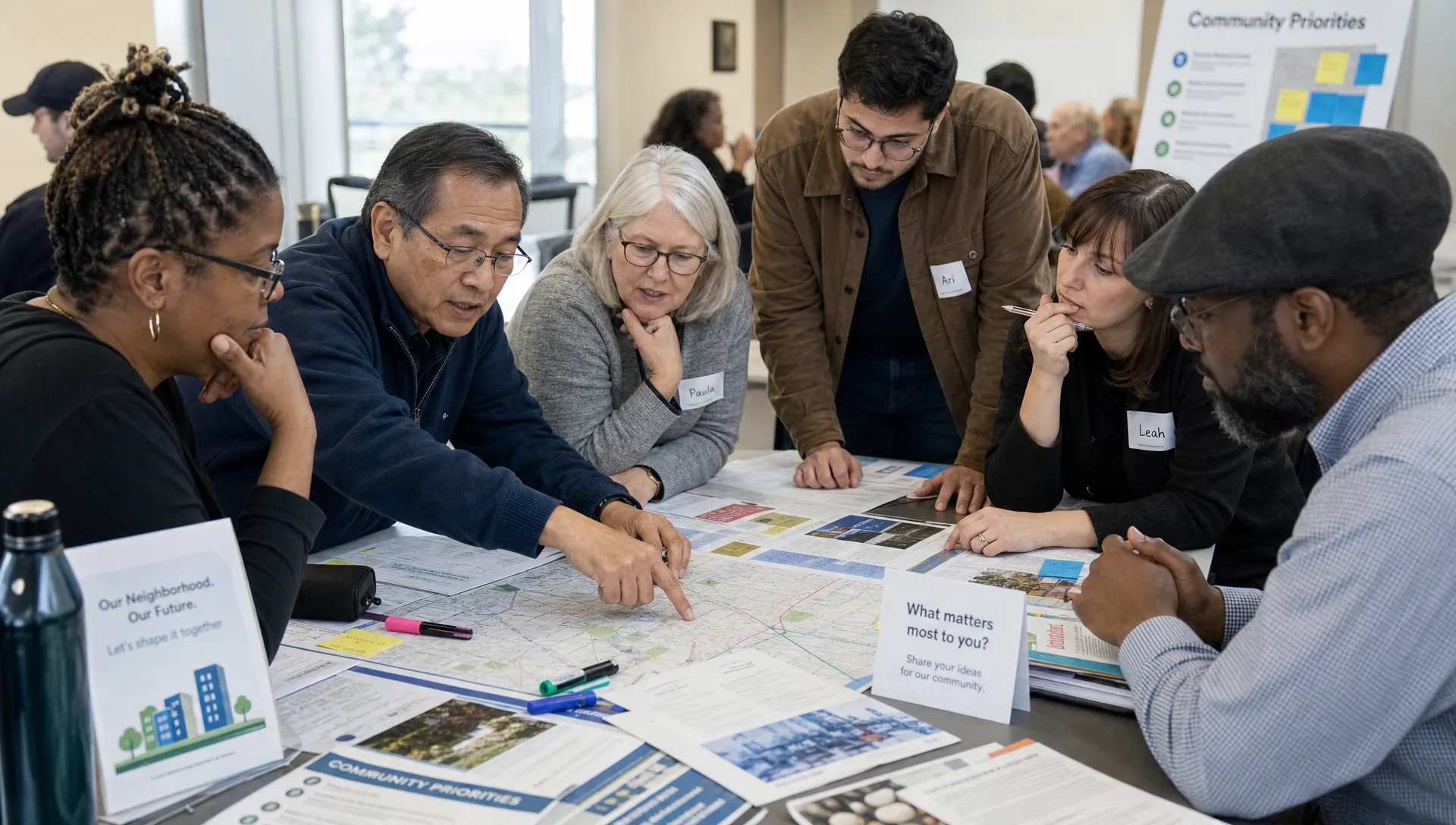 A diverse group of adult citizens gathered around a large public table with printed civic documents, neighborhood maps, policy notes, and colored markers, showing shared understanding before a public decision.