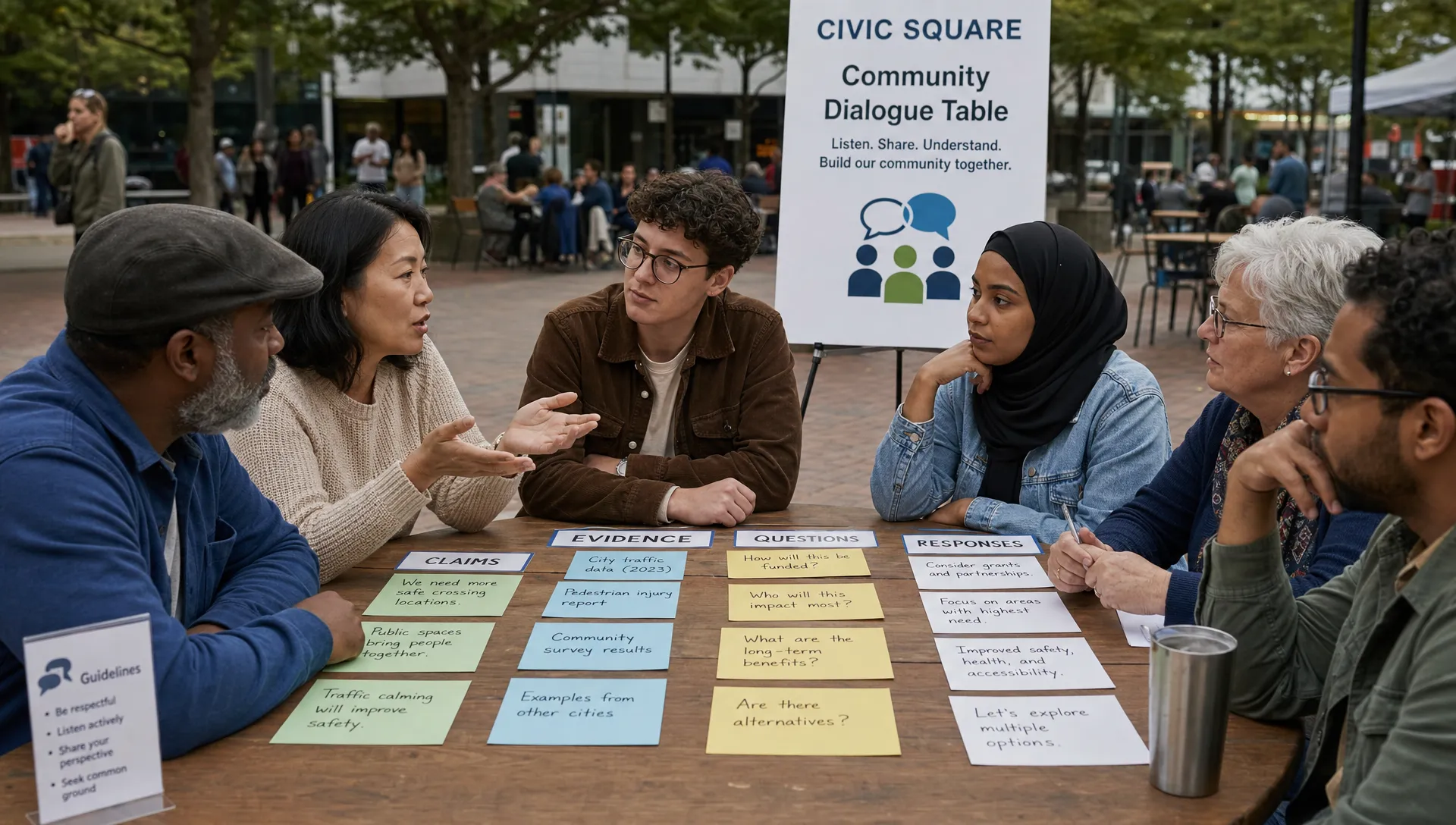 A diverse group of adult citizens gathered around a public square discussion table, with visible claim cards, evidence notes, questions, and responses arranged into a structured civic conversation.