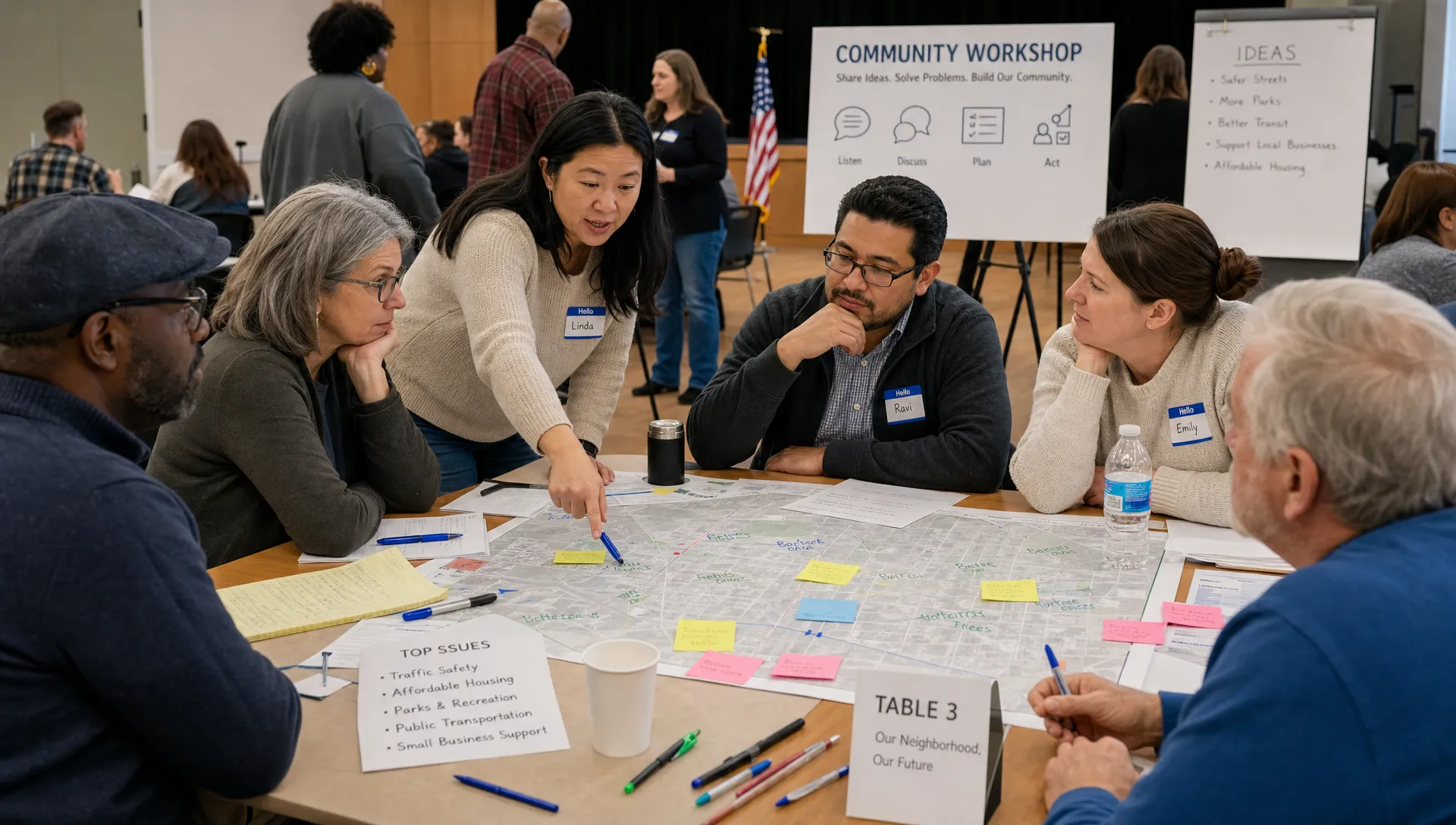 A diverse group of adult citizens gathered in a community hall around large paper maps and notes, discussing local problems and proposed solutions together in an organized civic workshop.