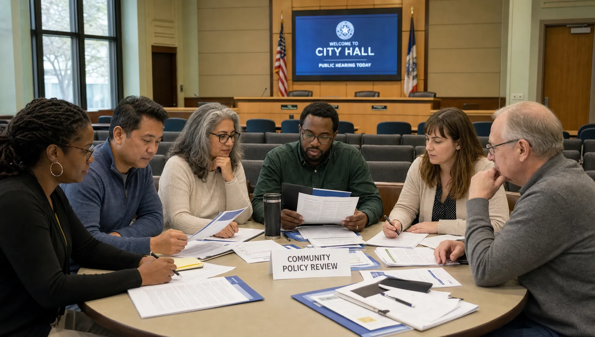 A diverse group of adult citizens seated around a round table reviewing public policy documents, with a public hearing room and city hall interior visible in the background.