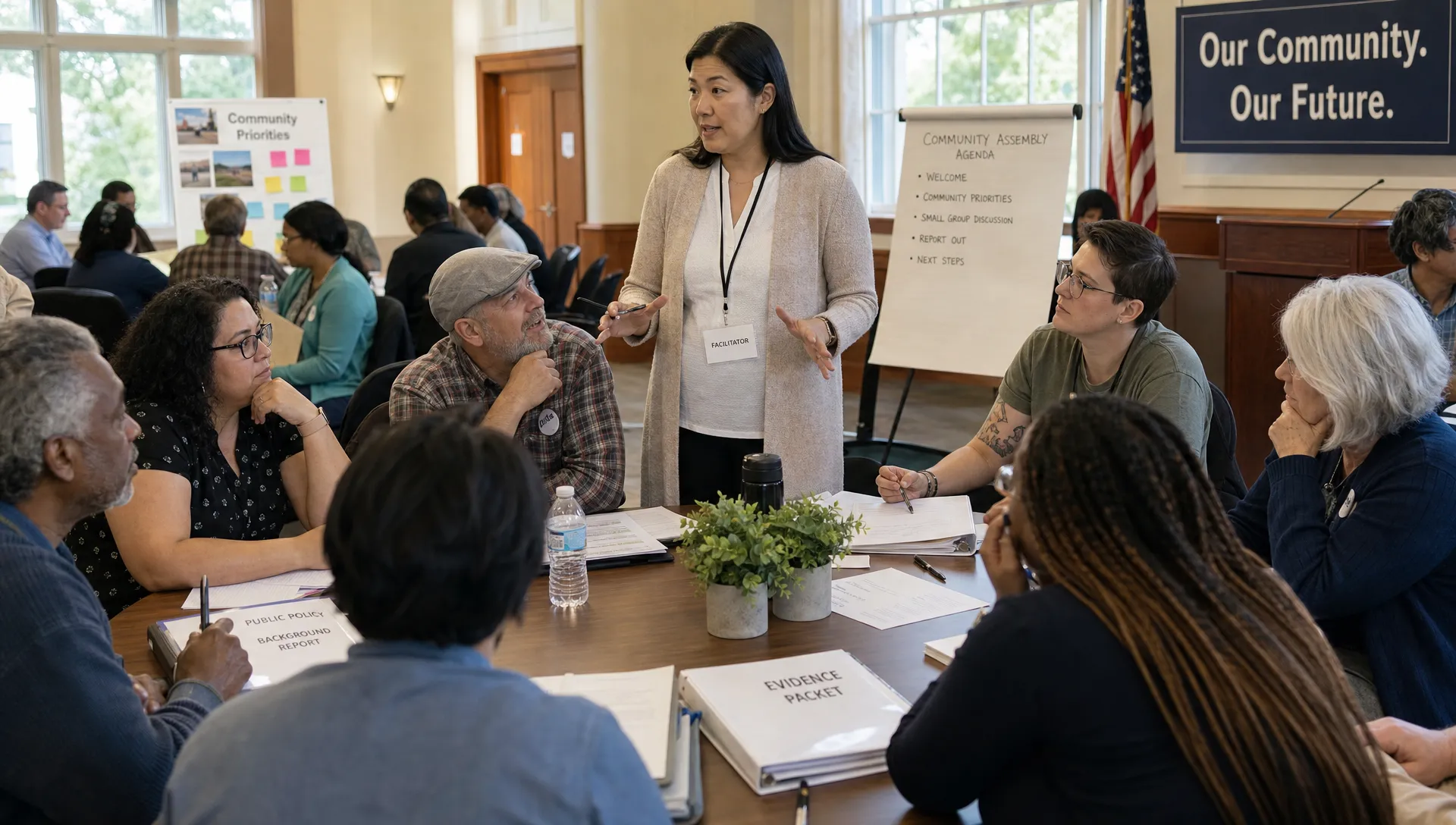 A diverse group of adult citizens seated around a community assembly table, with printed evidence folders, public policy notes, and a facilitator guiding a calm discussion in a civic hall.