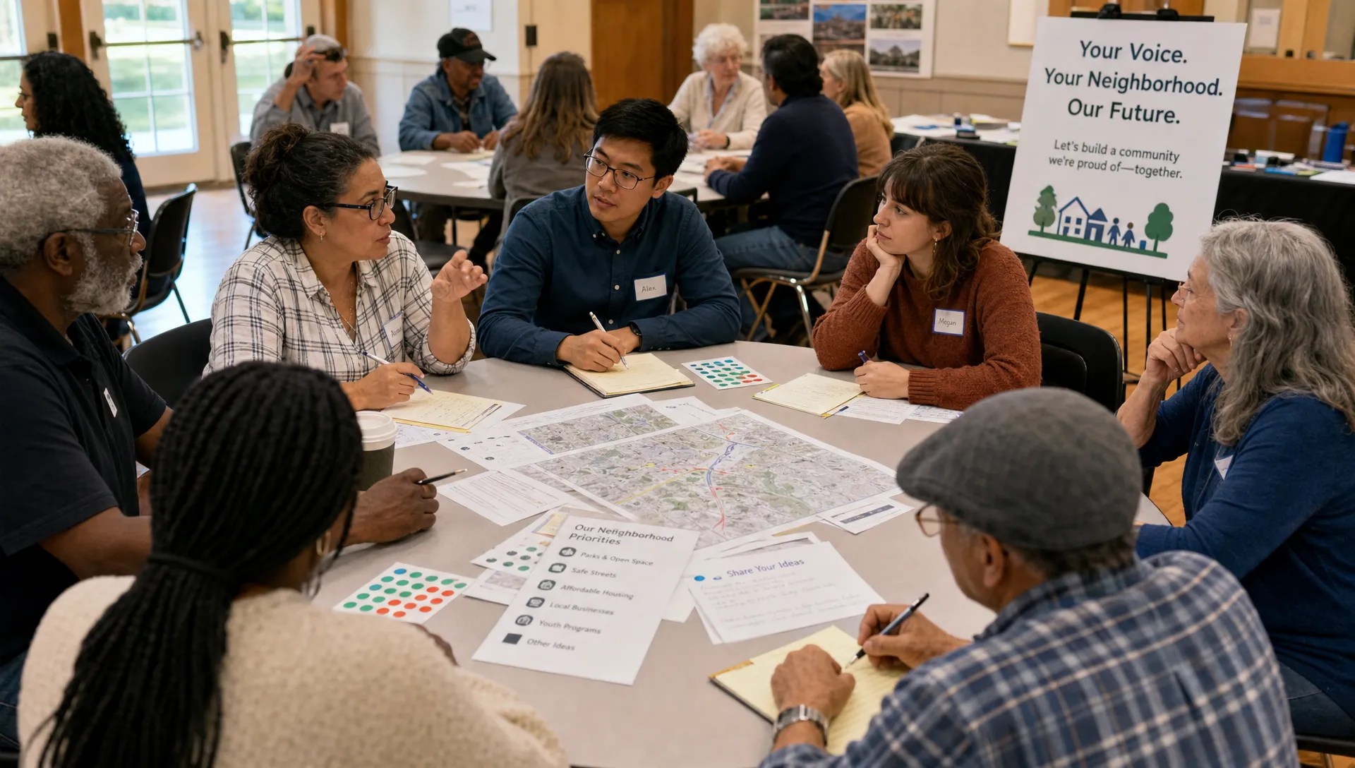 A diverse group of adult citizens seated around a round community table in a neighborhood hall, with papers, maps, voting cards, and note sheets spread across the surface as they discuss public priorities and record each viewpoint.