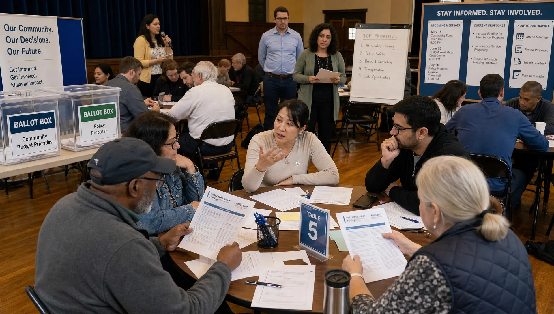 A diverse group of adult citizens seated in a public assembly hall reviewing printed policy briefs and discussing public proposals with facilitators, with transparent ballot boxes and community notice boards nearby.